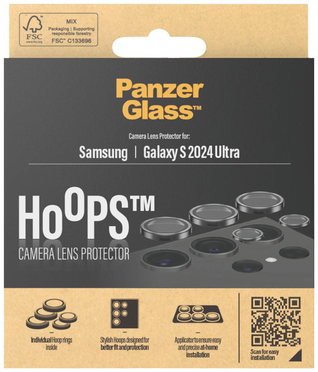 'Panzer Glass' Kameraobjektiv-Schutzverpackung für Samsung Galaxy S2024 Ultra; zeigt Kameralinsen und Produktsymbole.