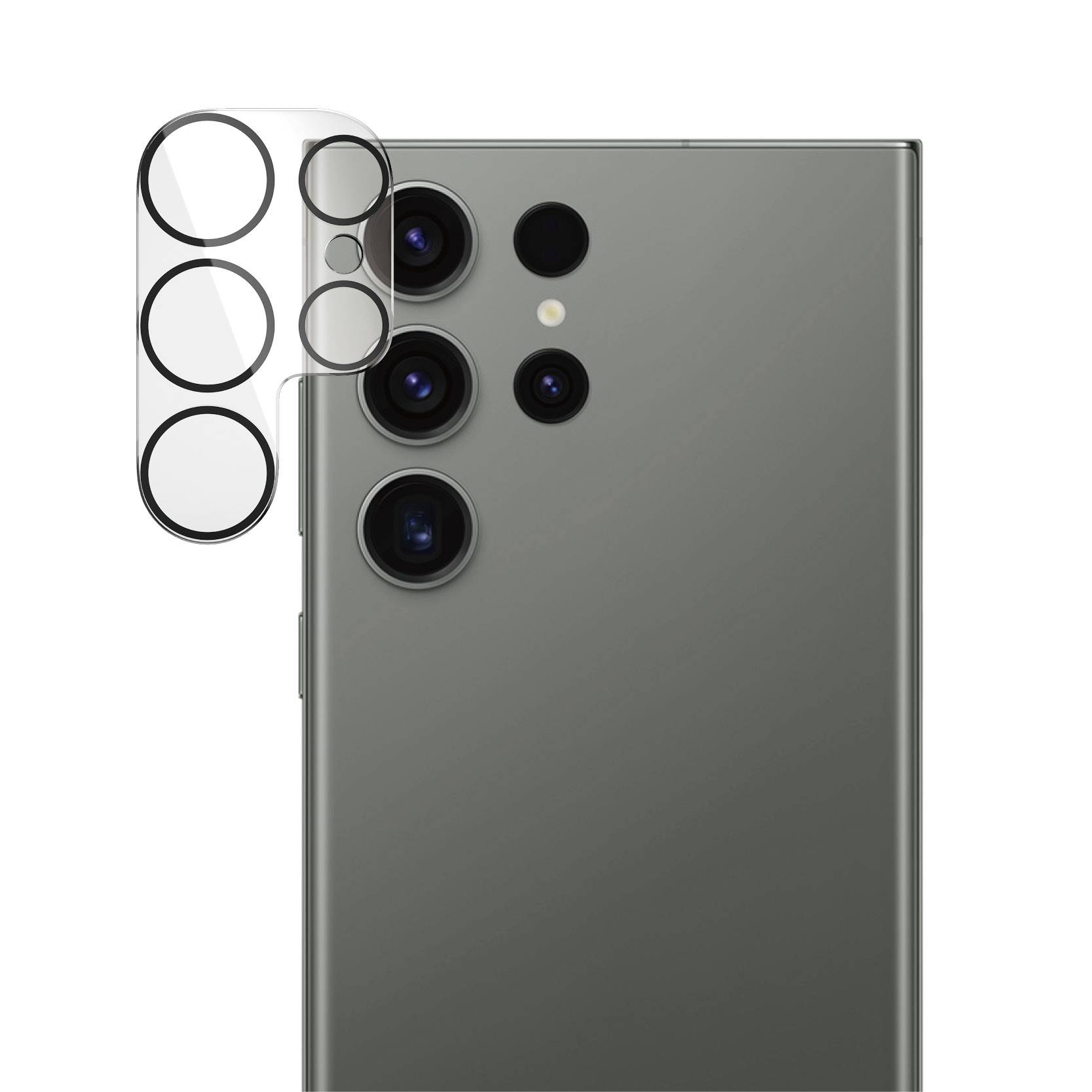 Smartphone mit vier Kameralinsen auf der Rückseite; Fokus liegt auf einer abnehmbaren Kameraabdeckung, die als Schutz dient.