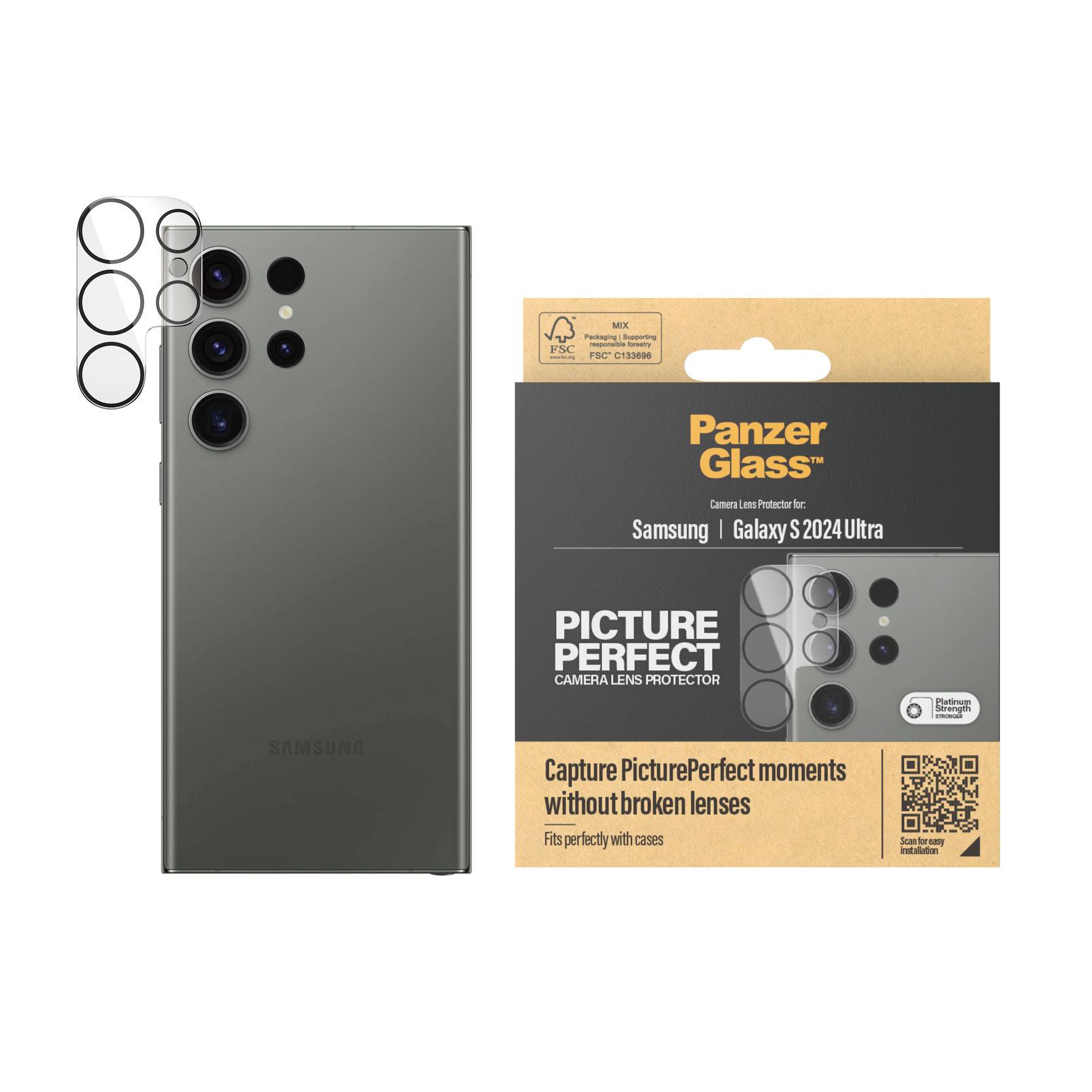 PanzerGlass Kamera-Schutz für Samsung Galaxy S2024Ultra. Zeigt Produkt und Verpackung mit Hinweis auf kratzfeste Linse.