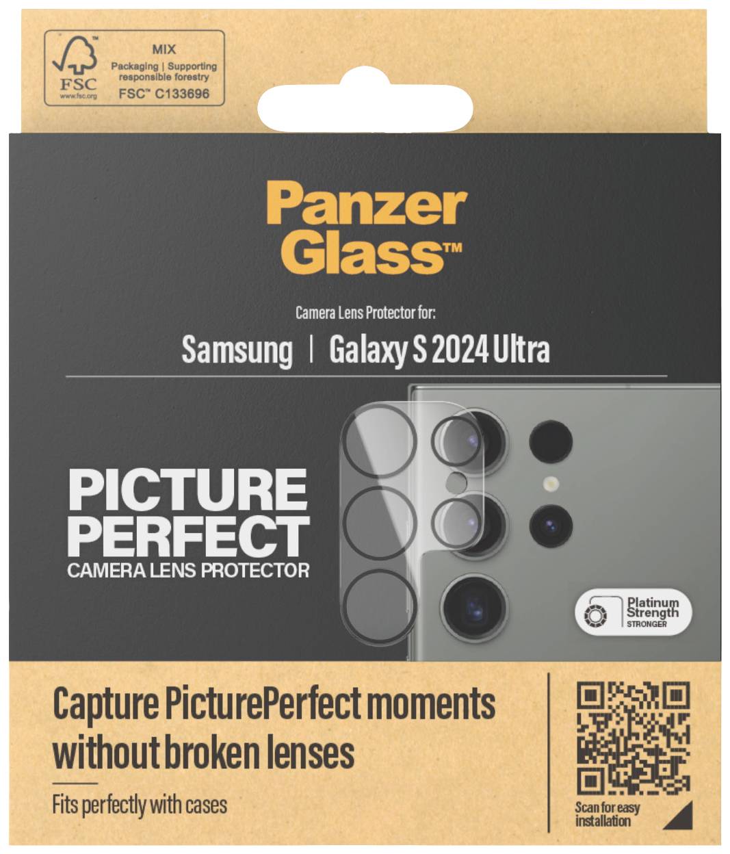Kartonverpackung für PanzerGlass Kameralinsen-Schutz für Samsung Galaxy S 2024 Ultra. Text 'Capture PicturePerfect moments without broken lenses'.