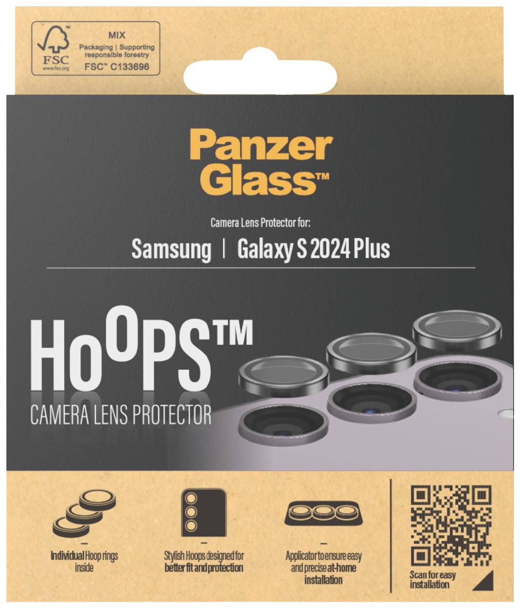 Verpackung für 'PanzerGlass Hoops', ein Kameraobjektivschutz für Samsung Galaxy S 2024 Plus. Enthält runde Schutzringe für die Kameralinsen.