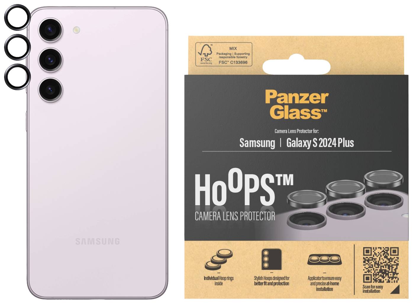 Ein Samsung Galaxy S2024 Plus Smartphone in Rosa, neben einer PanzerGlass Verpackung für einen Kamera-Linsenschutz, auf Holzoptik Hintergrund.