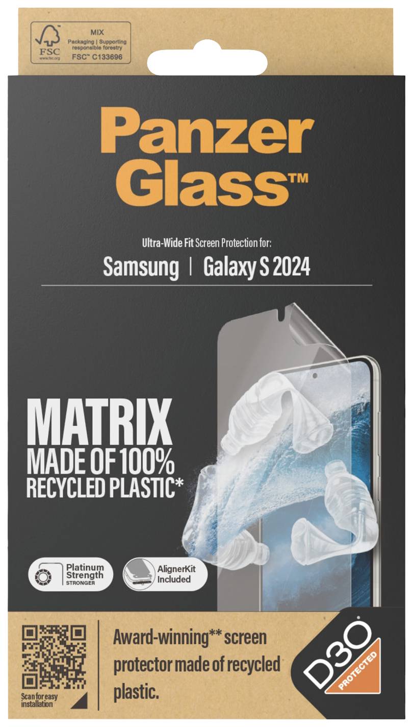Schutzglas-Verpackung für Samsung Galaxy S 2024. Hinweis auf recyceltes Plastik und Auszeichnungen. Markenname 'PanzerGlass'.