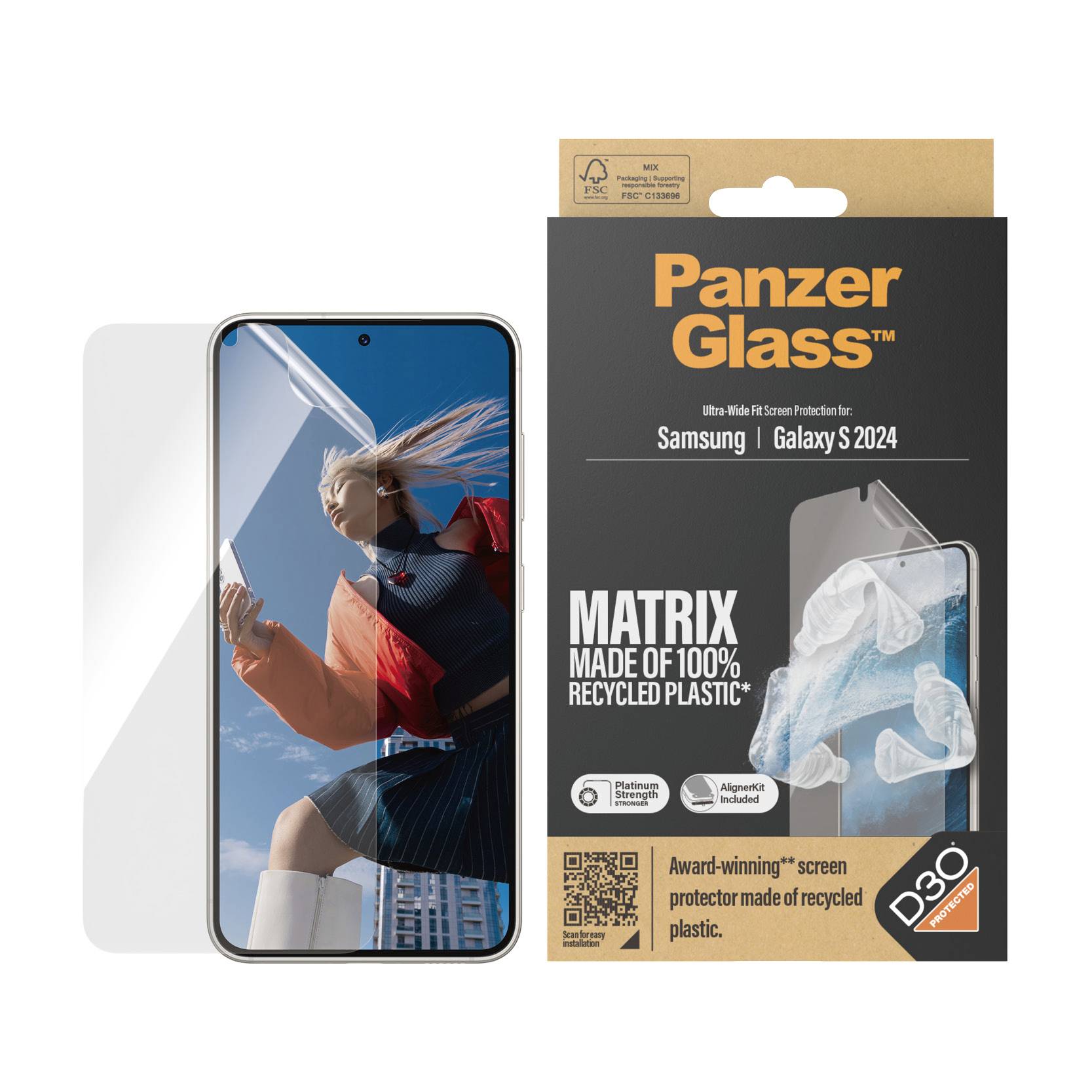 Schutzglas-Paket für Samsung Galaxy S 2024, betont Umweltschutz mit zu 100 % recyceltem Plastik. Enthaltenes Produktbild.