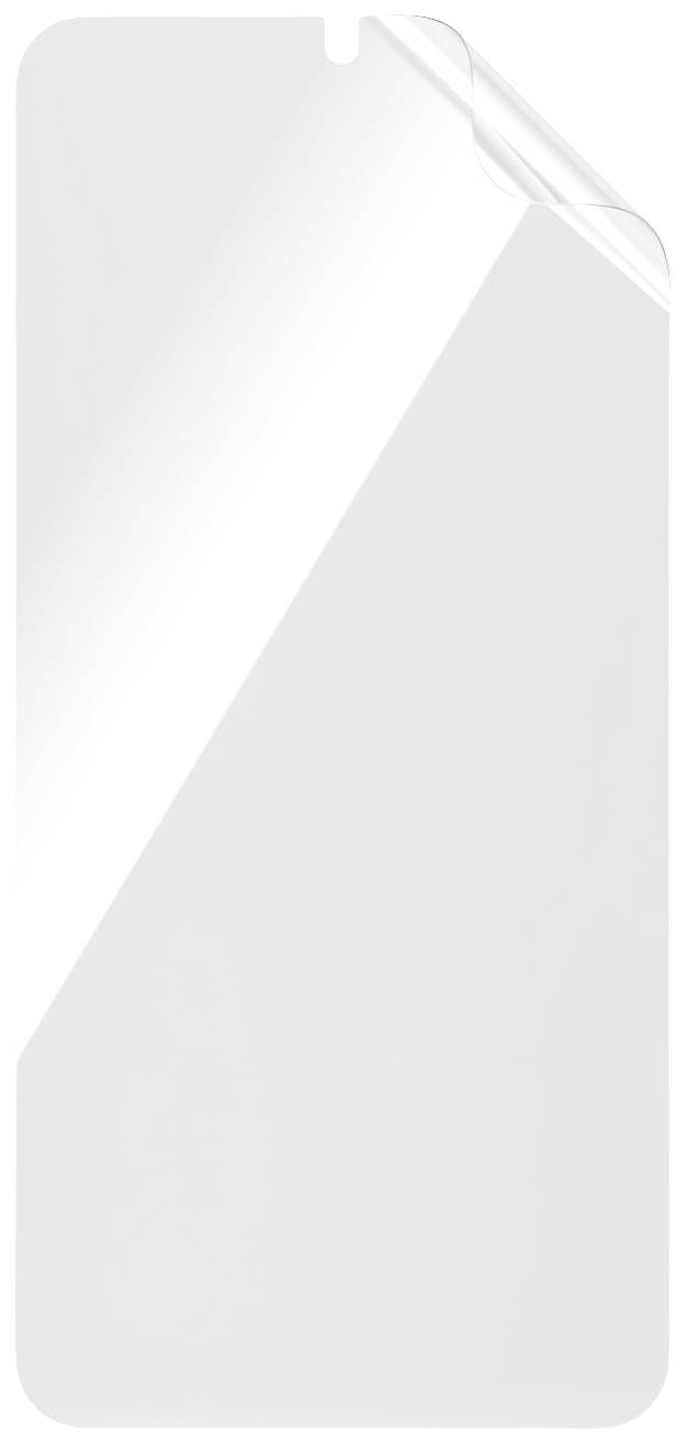 Ein transparenter Displayschutz mit abziehbarer Folie an der Ecke, dargestellt auf einem rechteckigen Handybildschirm.