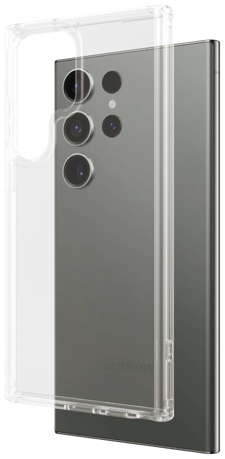 Ein modernes Smartphone mit mehreren Rückkameras und einer transparenten Schutzhülle.