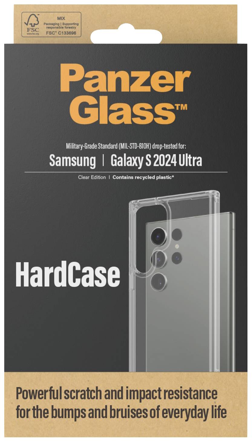 Verpackung eines 'PanzerGlass HardCase' für Samsung Galaxy S24 Ultra. Militärstandard für Sturzsicherheit, aus recyceltem Kunststoff.