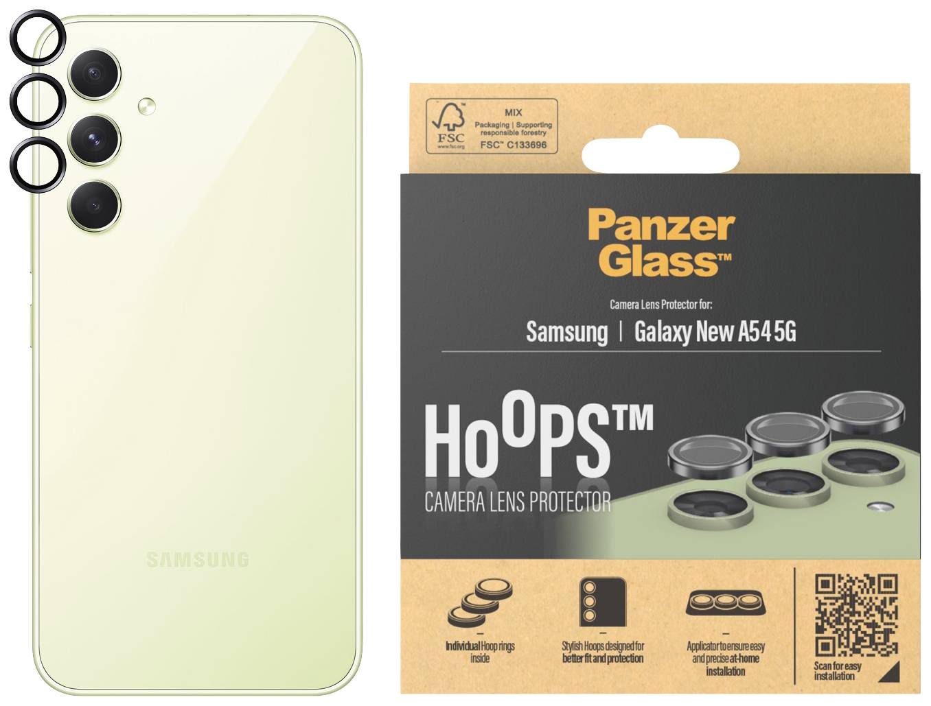 'Panzer Glass' Kamera-Schutz für Samsung Galaxy New A54 5G: Produktverpackung neben einem grünen Smartphone mit drei Kameralinsen.