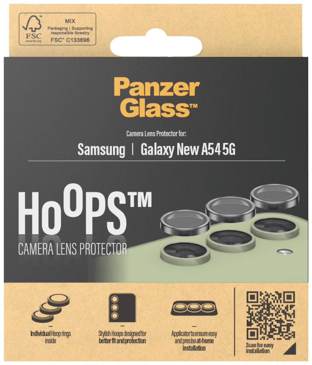 Schachtel für PanzerGlass HoOPS Kameraobjektiv-Schutz für Samsung Galaxy New A54 5G mit Abbildung der Ringe und QR-Code.