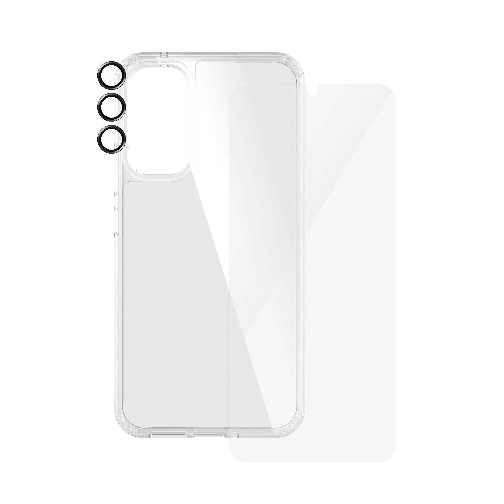 Transparente Handyhülle mit drei Kameraöffnungen, passend für viele moderne Smartphones, zeigt Schutz- und Stilmerkmale.