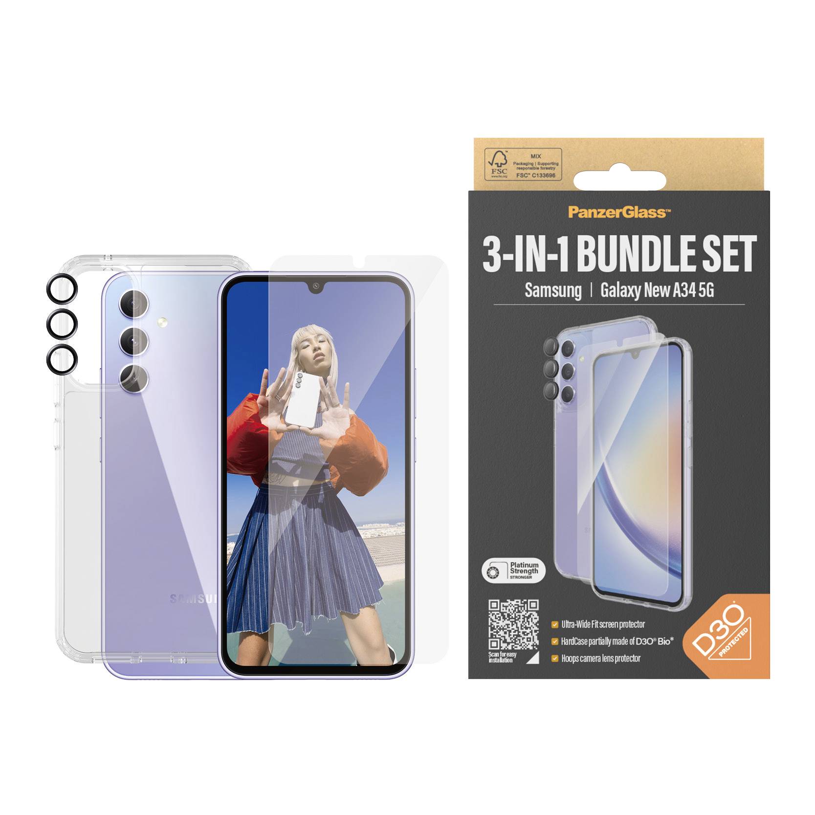 Ein Samsung Galaxy A34 5G Smartphone mit einer roten und blauen Hülle. Eine Person ist auf dem Bildschirm abgebildet. Verpackung eines PanzerGlass 3-in-1-Sets daneben.