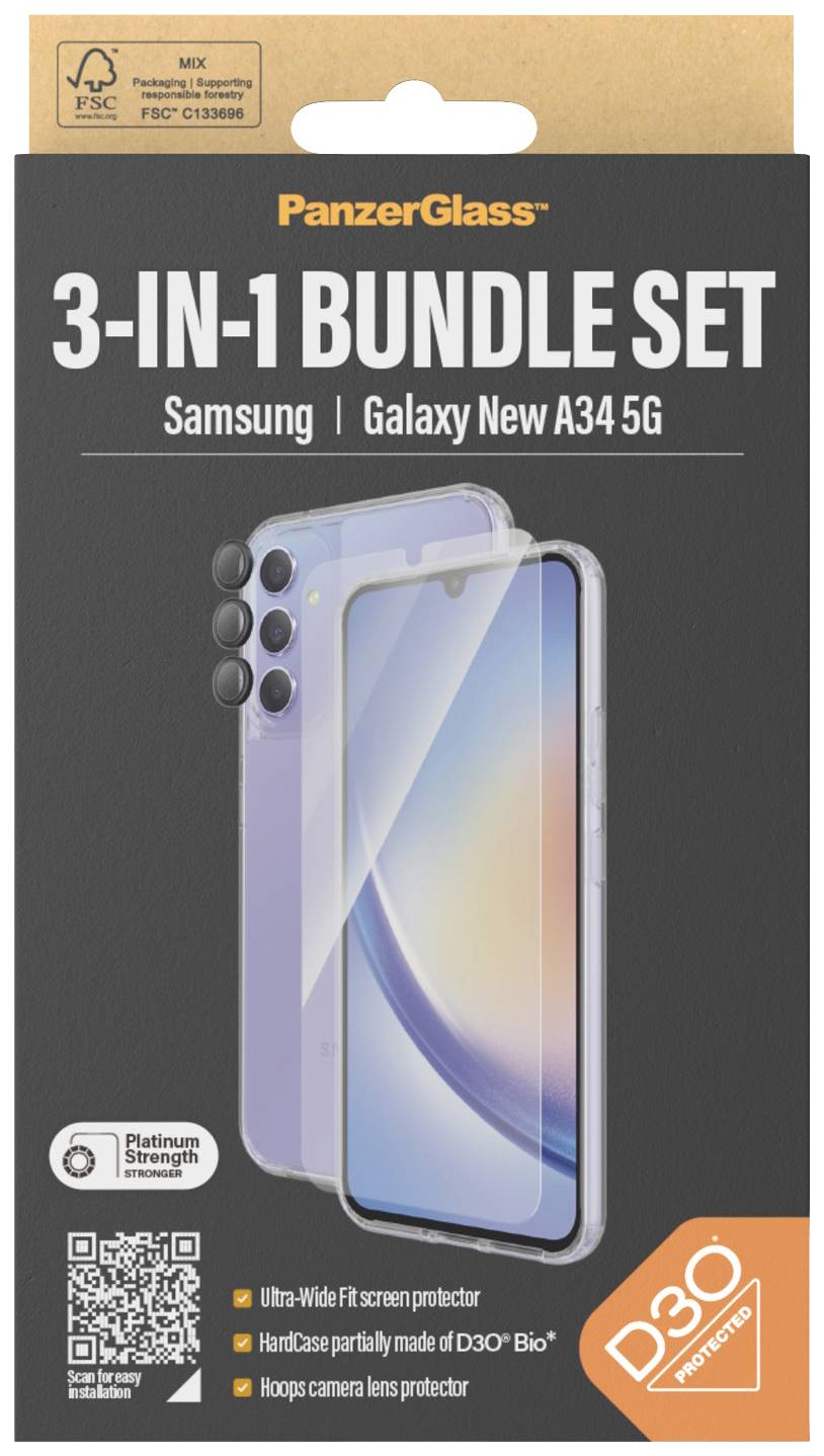 'PanzerGlass 3-in-1 Bundle Set' für Samsung Galaxy New A34 5G: Displayschutz, Handcase mit D3O-Material, Kamera-Linsenschutz.