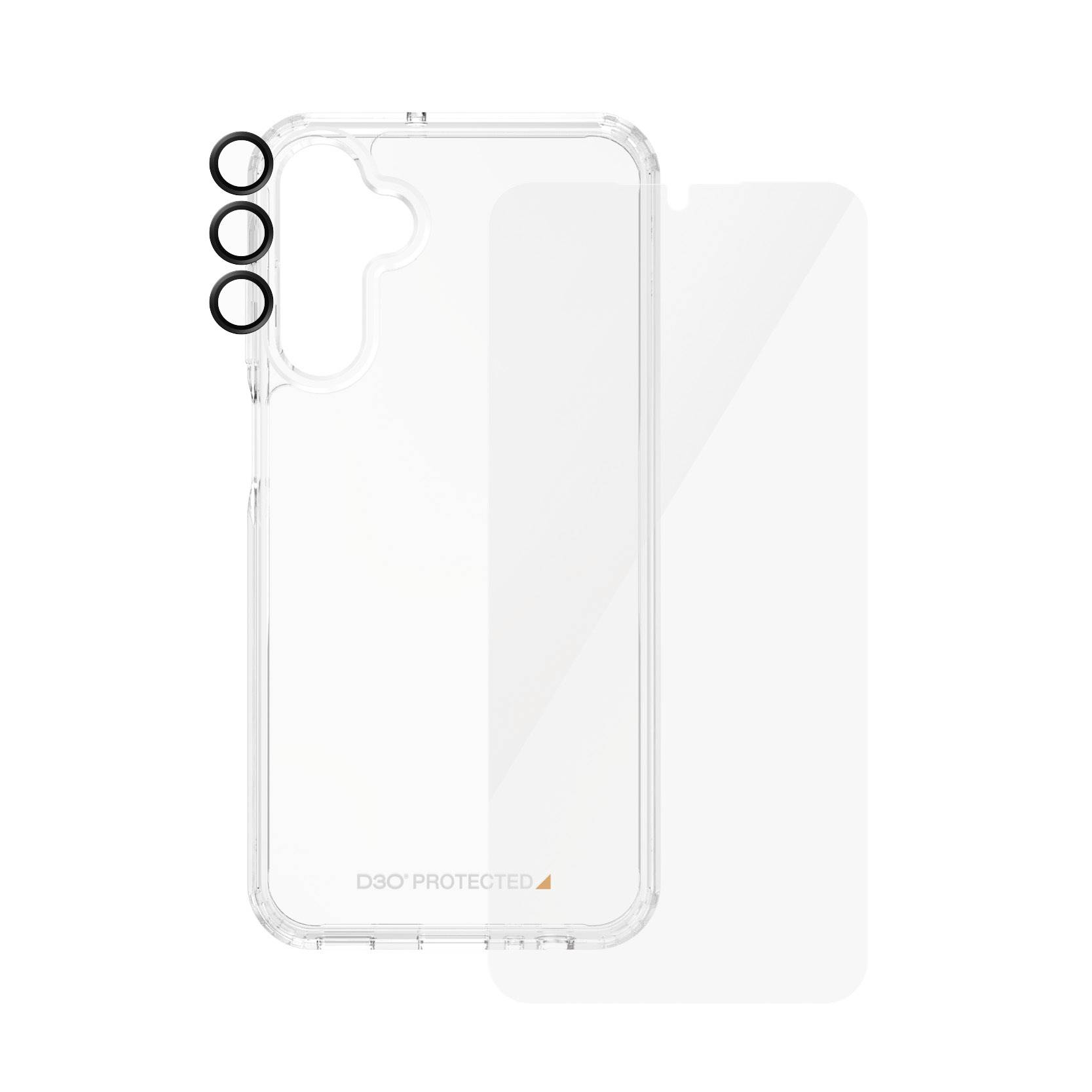 Durchsichtiges Smartphone-Case mit drei Kameralöchern und integriertem Bildschirmschutz, bietet Schutz vor Stößen.