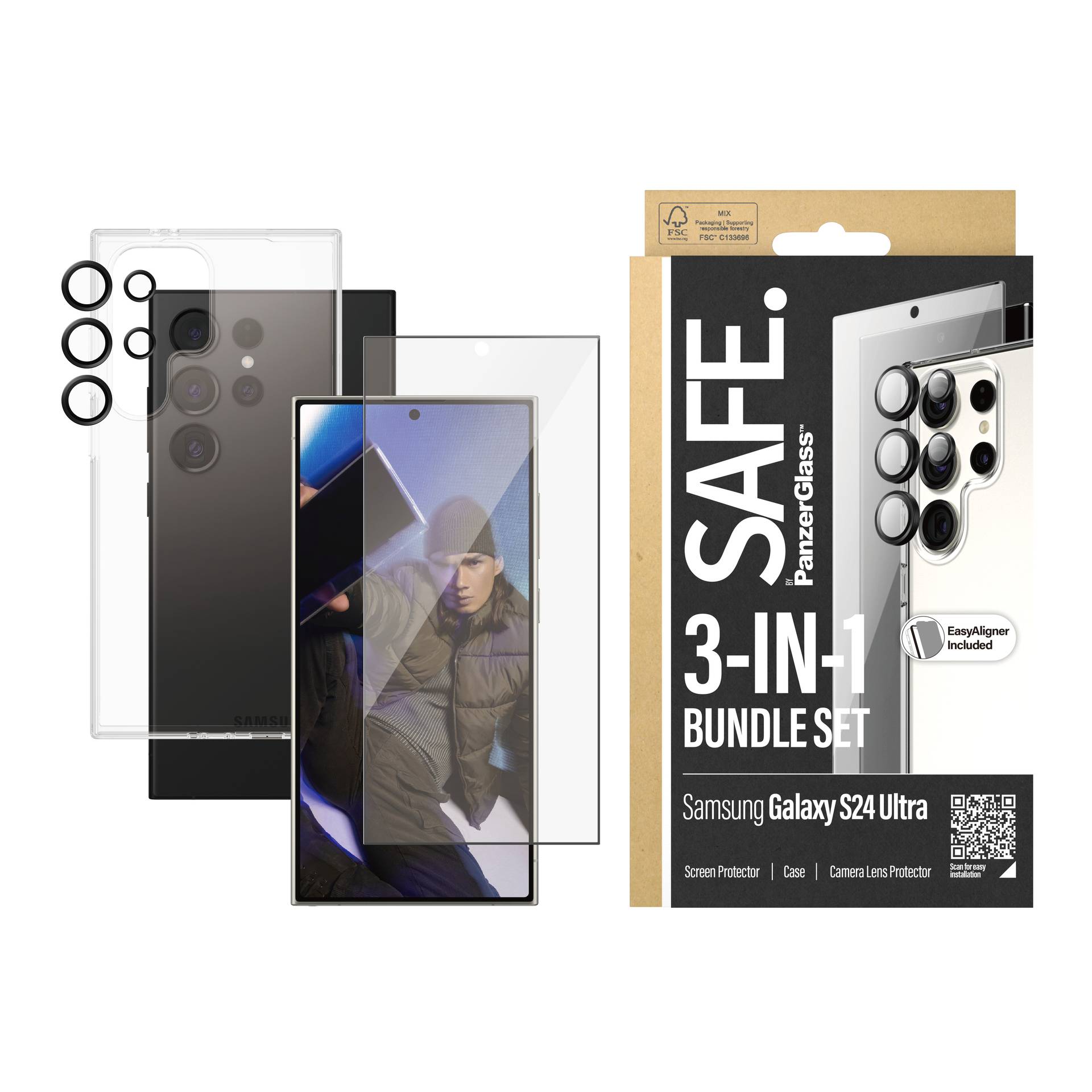 'SAFE. PanzerGlass 3-IN-1 BUNDLE SET' für Samsung Galaxy S24 Ultra mit Displayschutz, Hüllen und Kamera-Objektivschutz gezeigt.