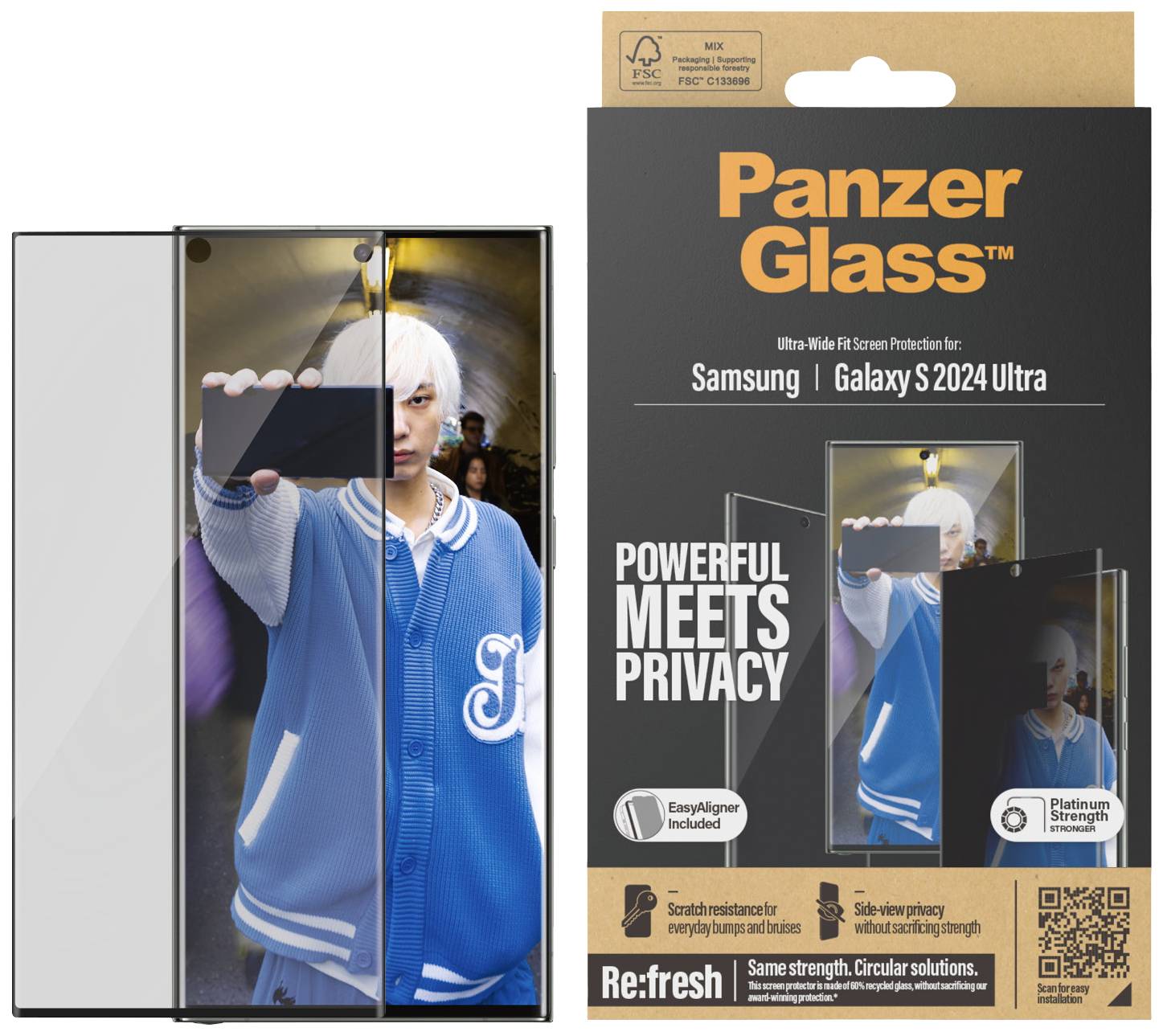 'Panzer Glass' Displayschutz für Samsung Galaxy S2024 Ultra. Verpackung zeigt Bild eines Smartphones mit mann im Hintergrund.