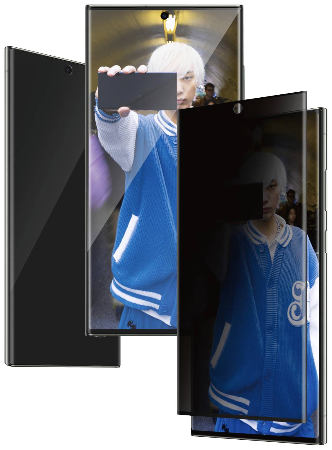 Ein modernes Smartphone mit großem Display zeigt eine Person in blauer Jacke, die ein Foto aufnimmt. Technology-Design im Vordergrund.