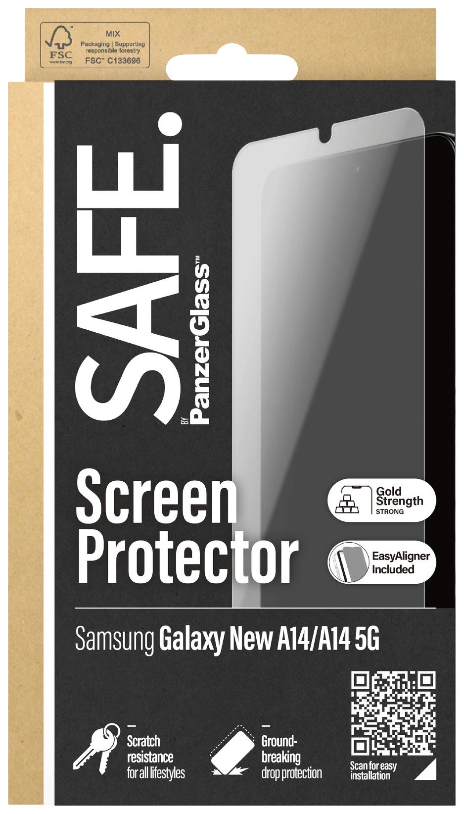 'PanzerGlass' Displayschutzverpackung für Samsung Galaxy A14/A14 5G, zeigt das Produkt mit Merkmalen wie Kratzfestigkeit und einfache Anbringung.