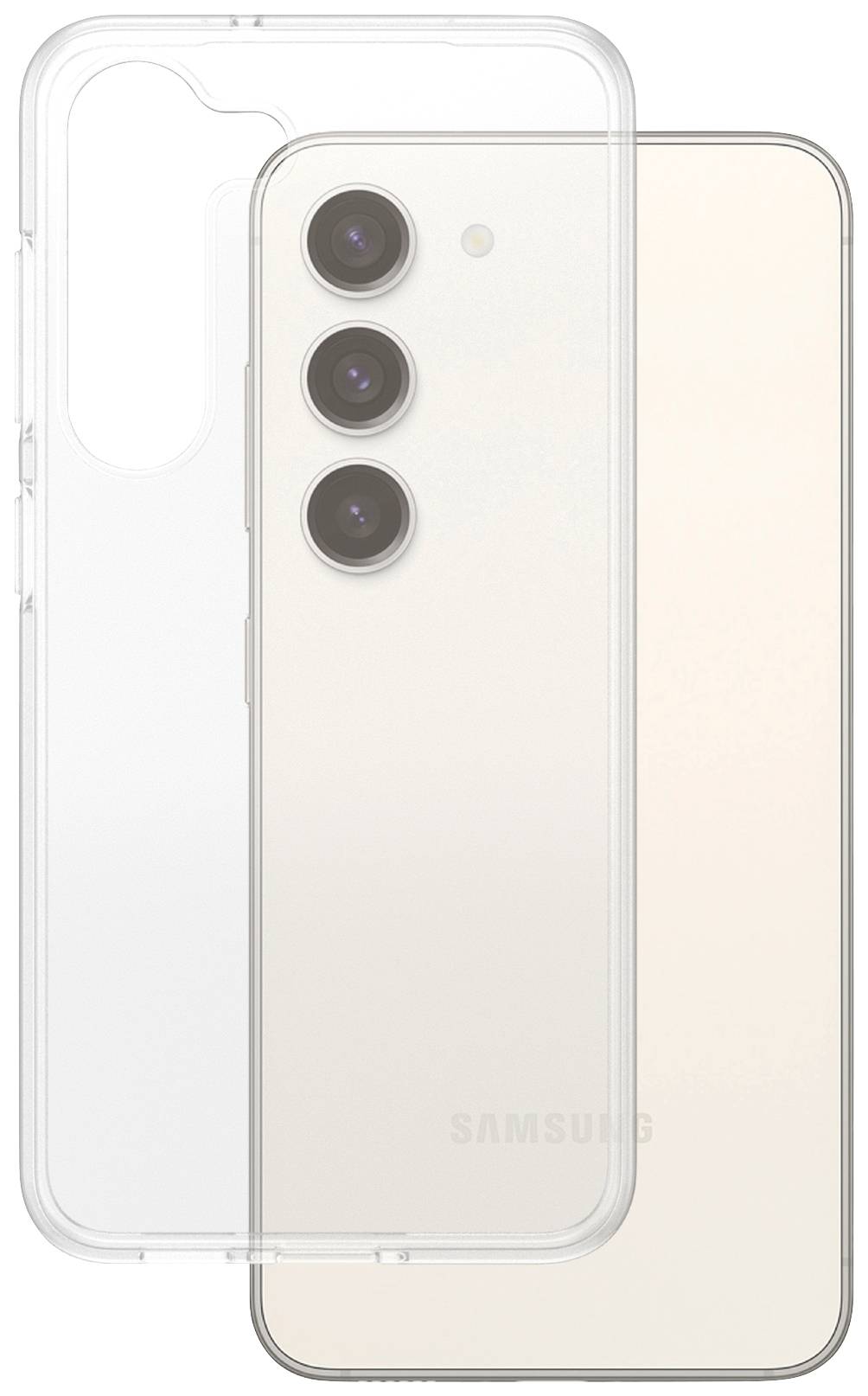 Eine durchsichtige Handyhülle neben einem Smartphone mit drei Kameralinsen auf der Rückseite. Beide Objekte sind von vorne gezeigt.