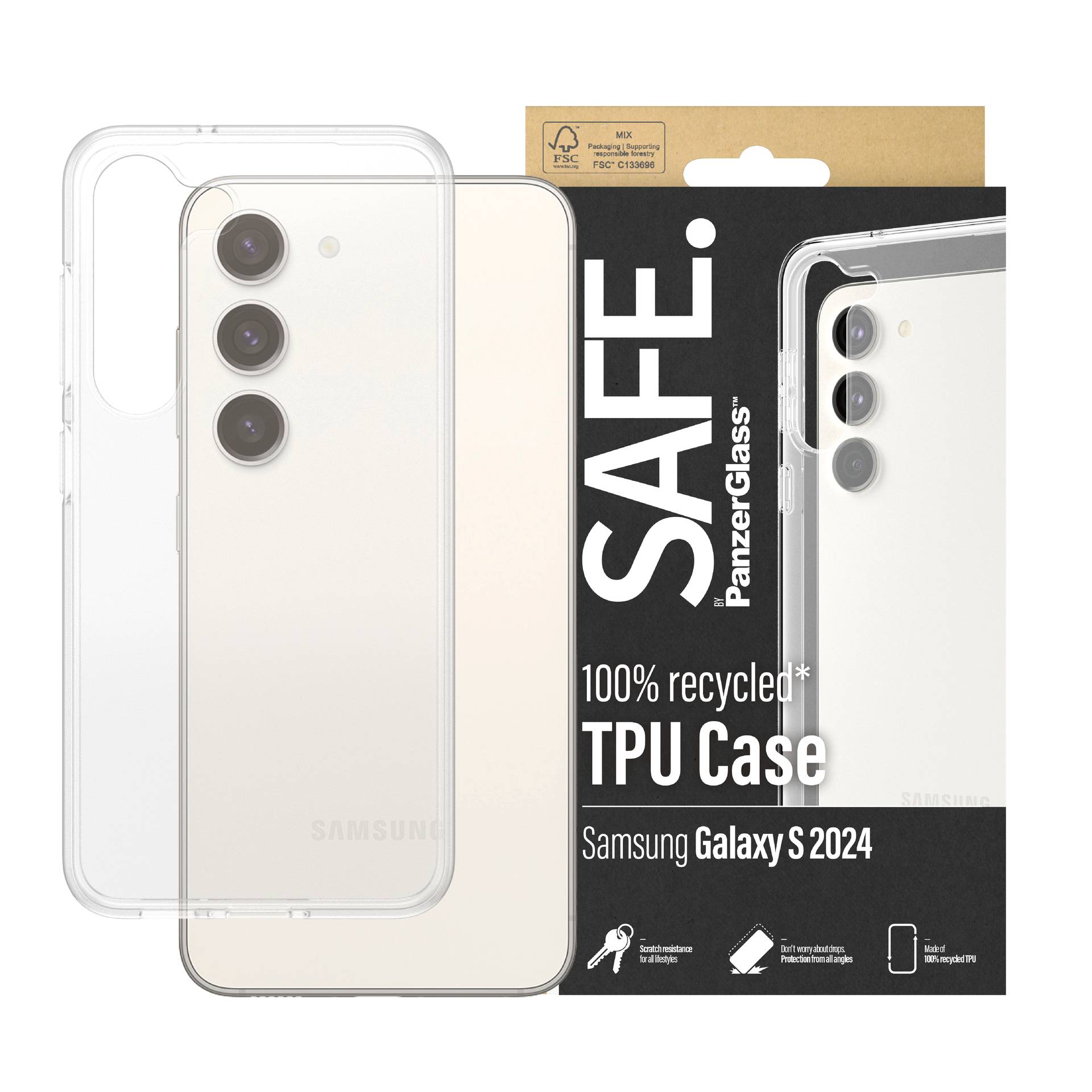 Klarsicht-Schutzhülle aus 100 % recyceltem TPU für Samsung Galaxy S2024, mit Verpackungsschild 'SAFE'.
