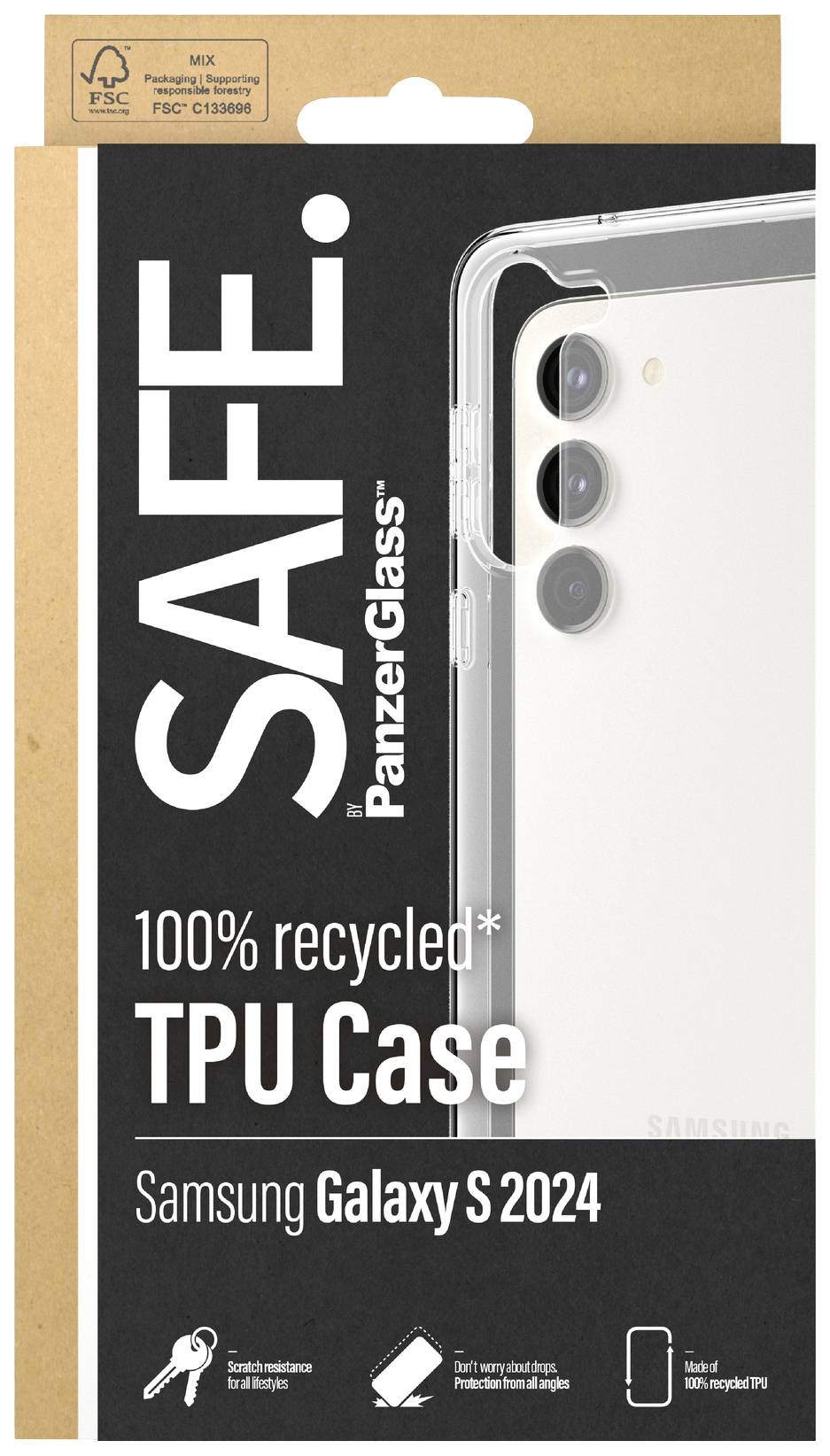 Verpackung für ein recyceltes TPU-Handycase von PanzerGlass, passend für Samsung Galaxy S 2024. Zeigt drei Kameralinsen des Handys.