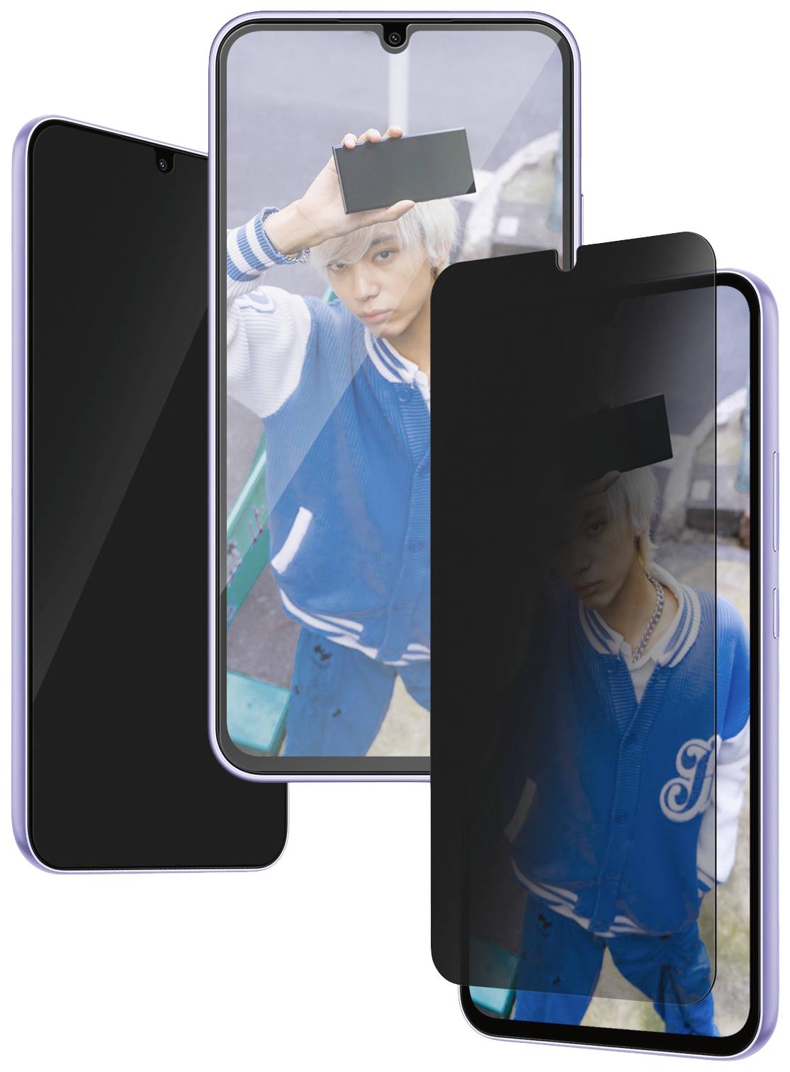 Drei Smartphones, eines zeigt eine Person mit weißem Haar in einer blauen Jacke, die anderen zwei sind ausgeschaltet oder zeigen einen Sichtschutz.