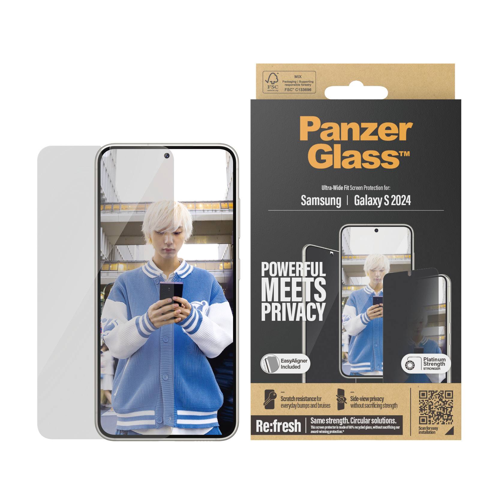 PanzerGlass Displayschutz für Samsung Galaxy S 2024, auf Verpackung abgebildet. Wichtige Schlagworte: 'Powerful Meets Privacy'.