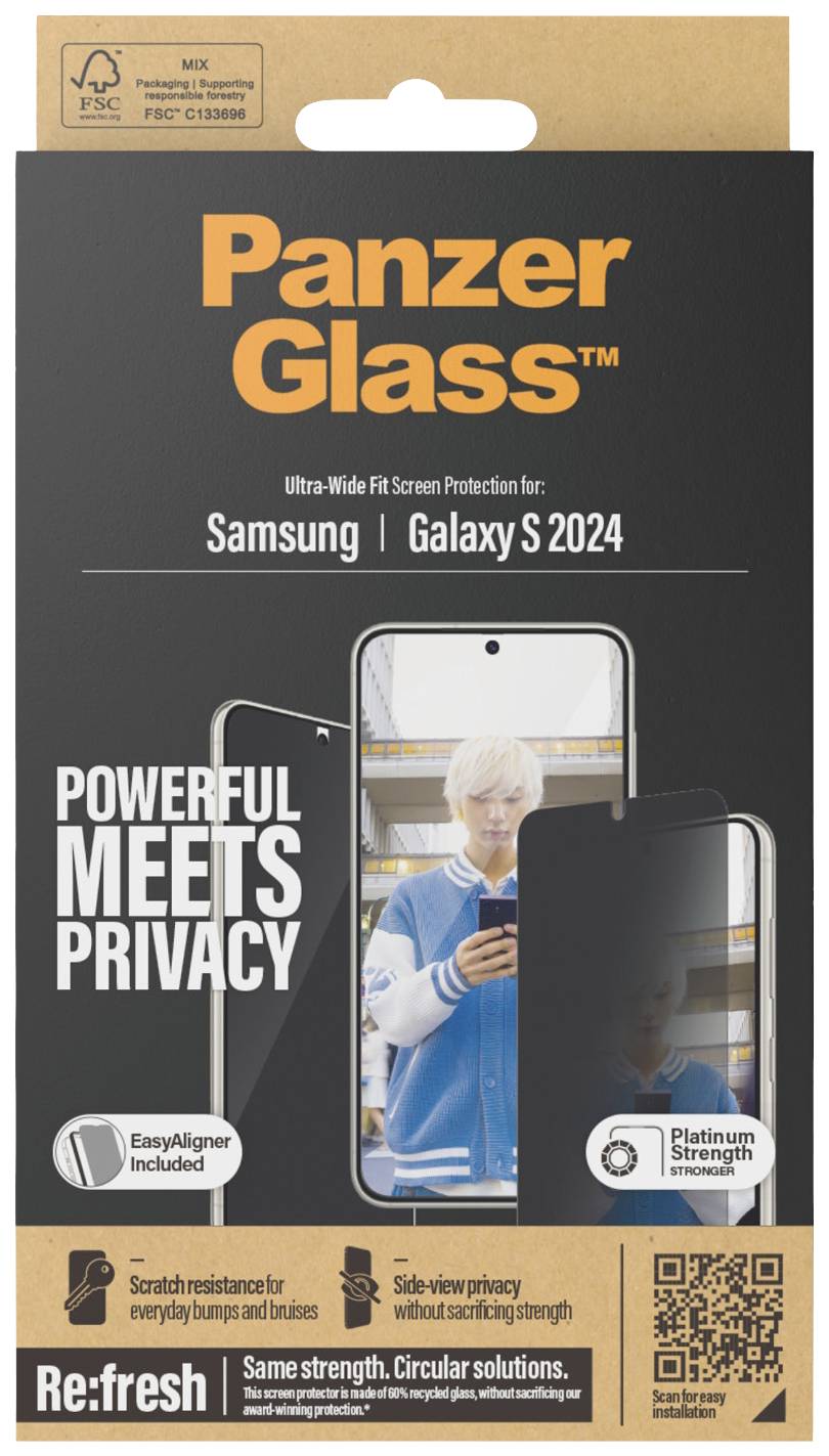 Verpackung eines PanzerGlass Displayschutzes für Samsung Galaxy S 2024. Enthält Text 'Powerful Meets Privacy' und zeigt Bild eines Smartphones.