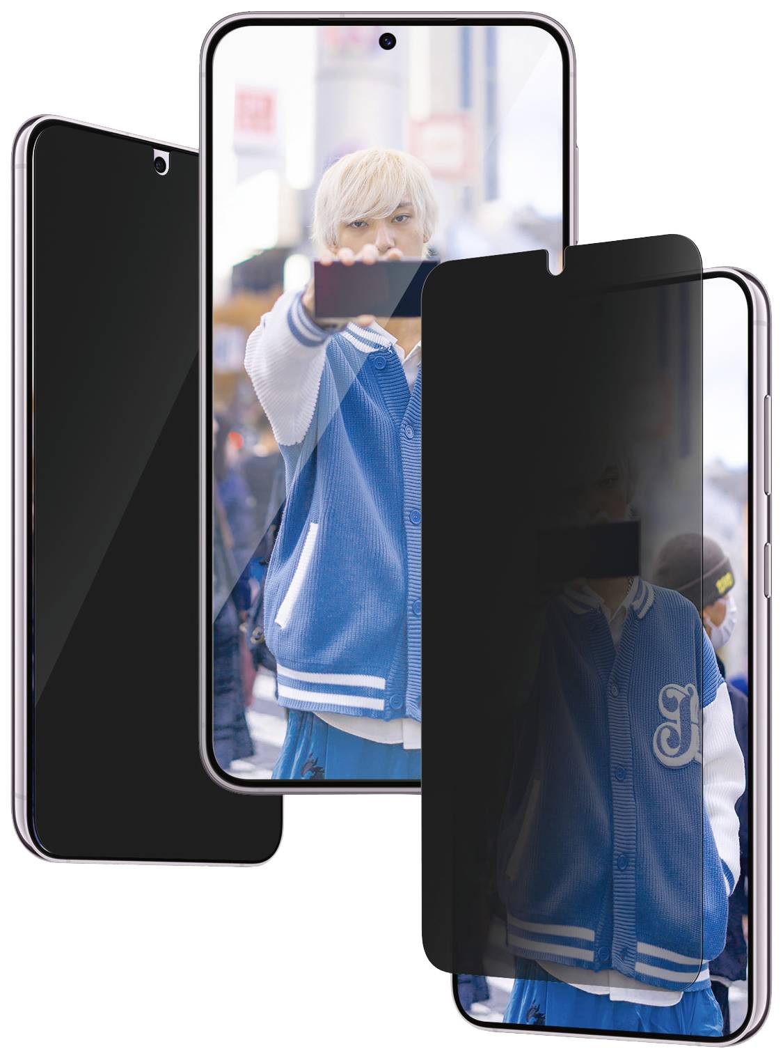 Zwei Smartphones mit Bildschirmschutz. Der vordere ist teils mit Sichtschutzfolie bedeckt, der hintere zeigt ein Bild einer Person auf der Straße.