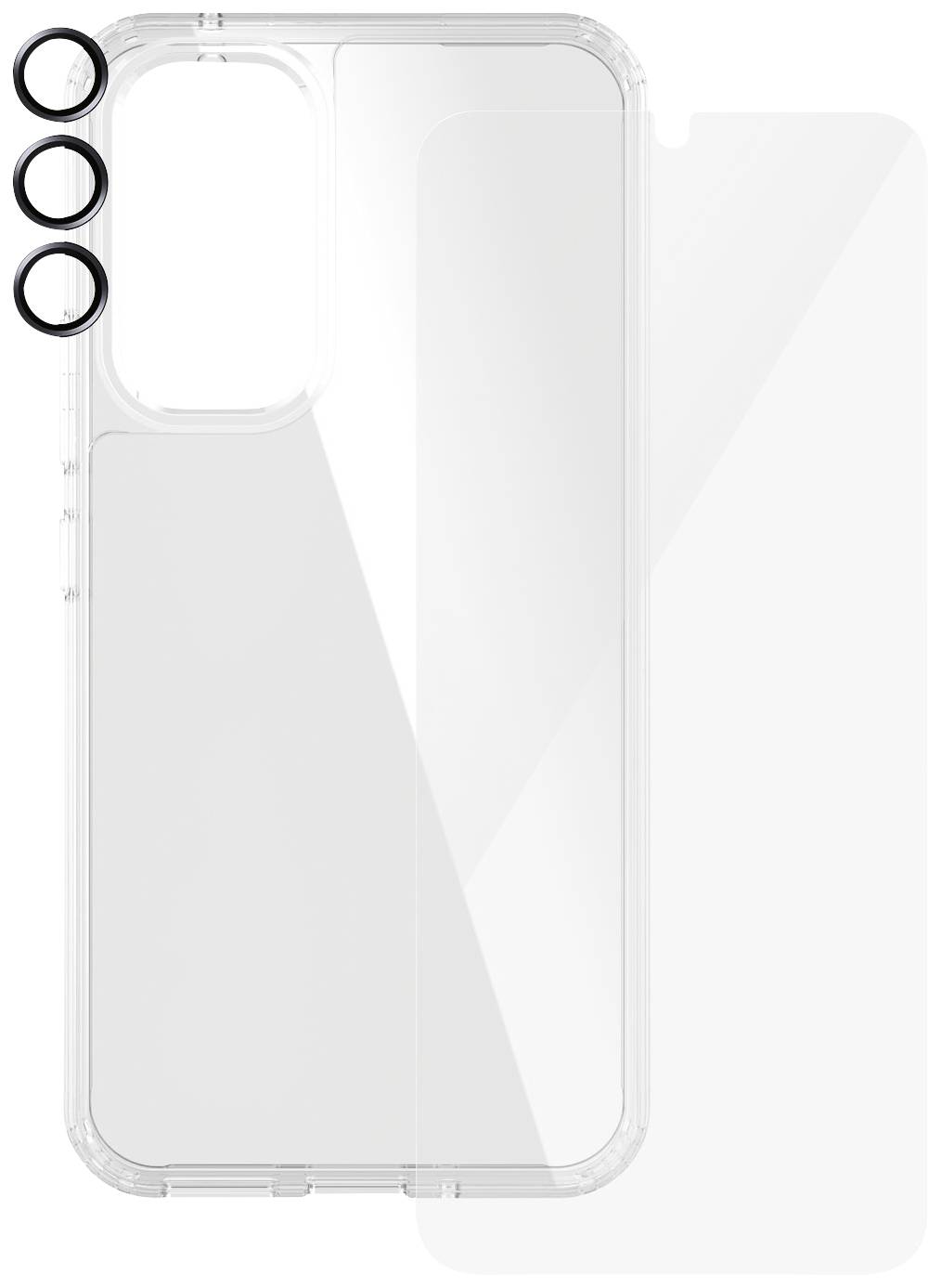 Transparente Handyhülle mit separater Displayschutzfolie und drei schwarzen Kameraringen, geeignet für ein Smartphone mit dreifach Kamera.