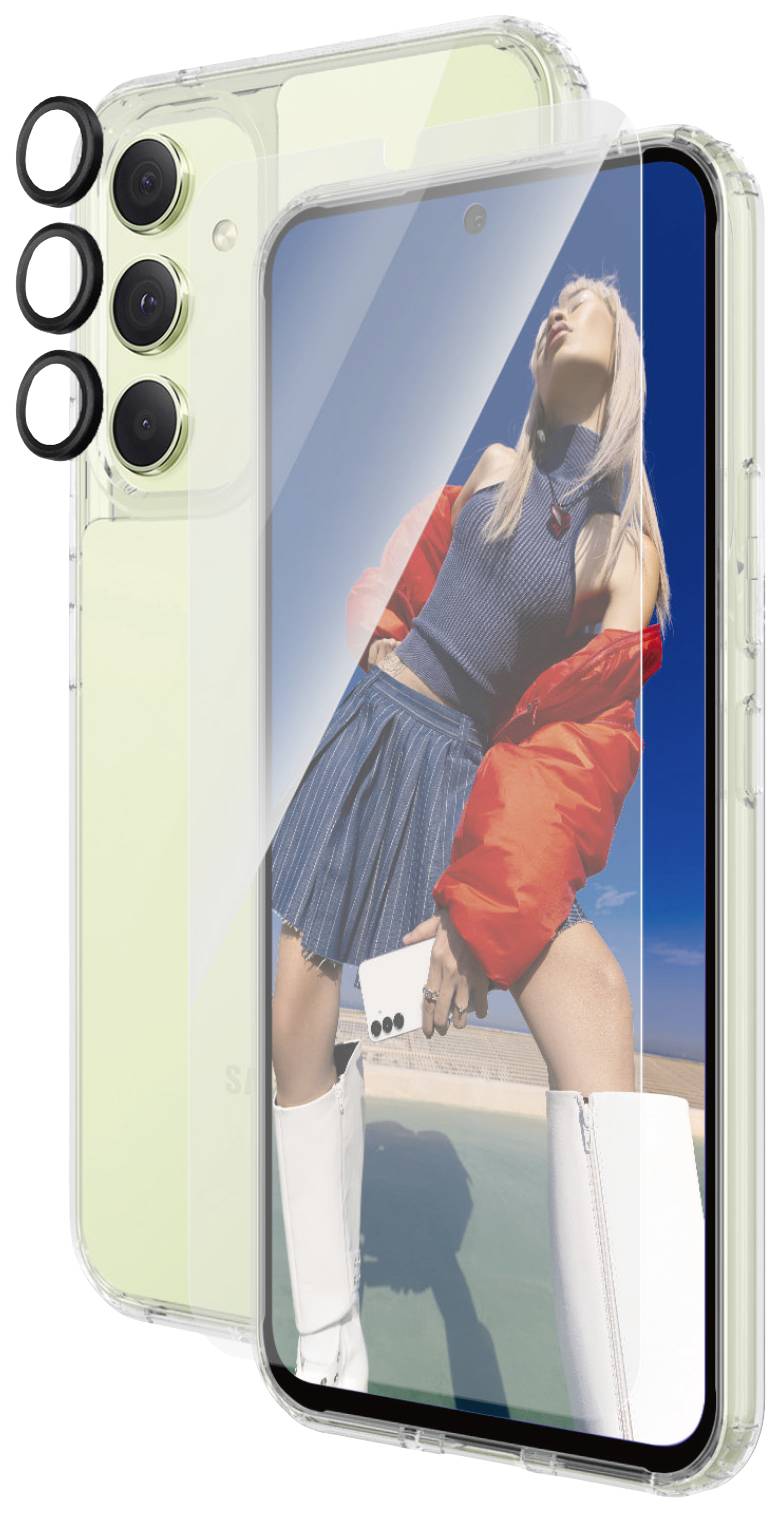 Smartphone mit transparentem Case, auf dem Display eine Frau in roter Jacke, blauem Rock, die in der Sonne steht.