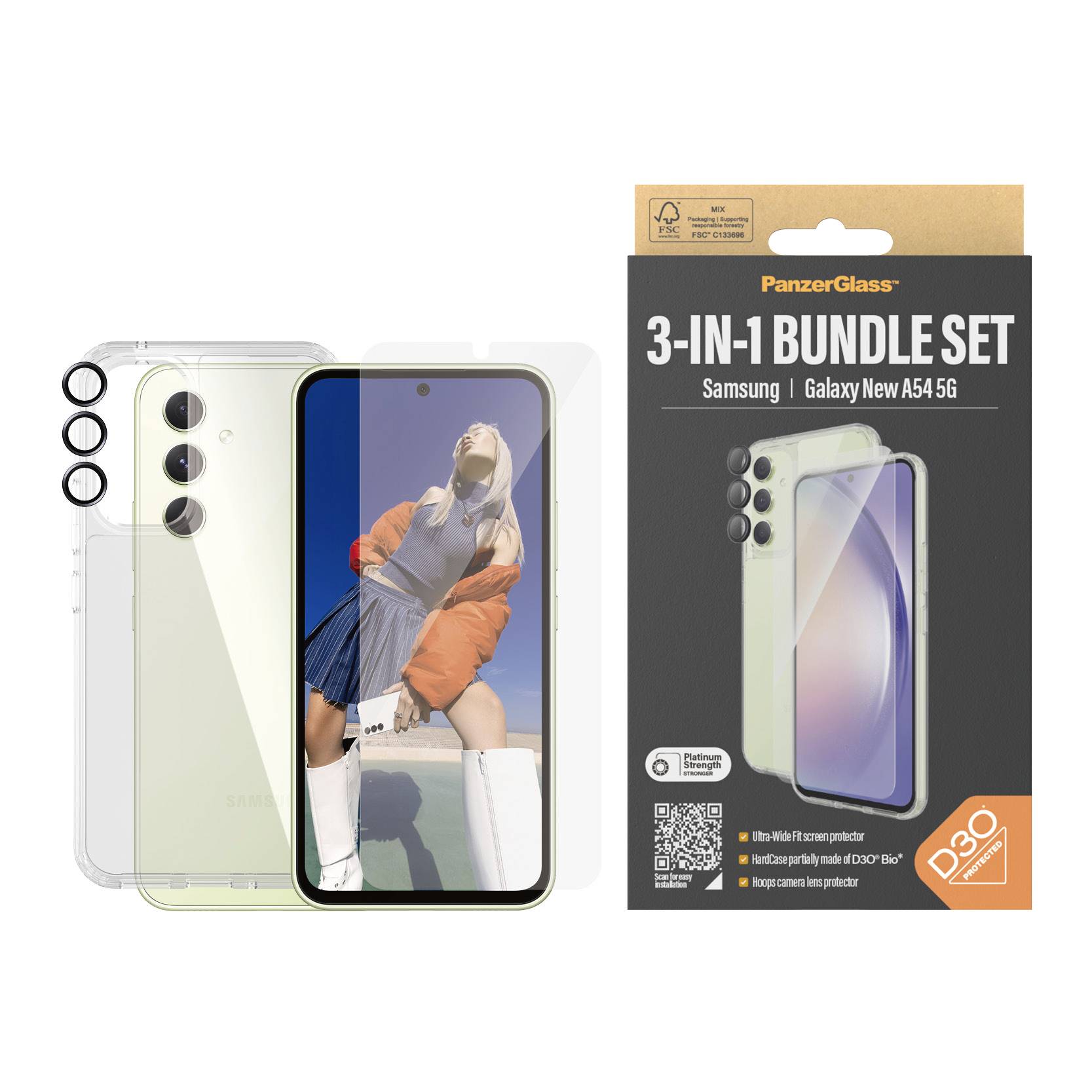 '3-in-1 Bundle Set' für Samsung Galaxy A54 5G. Enthält einen Panzerglas-Schutz, Kameraschutz und eine Hülle. Präsentation des Produktdesigns und der Verpackung.