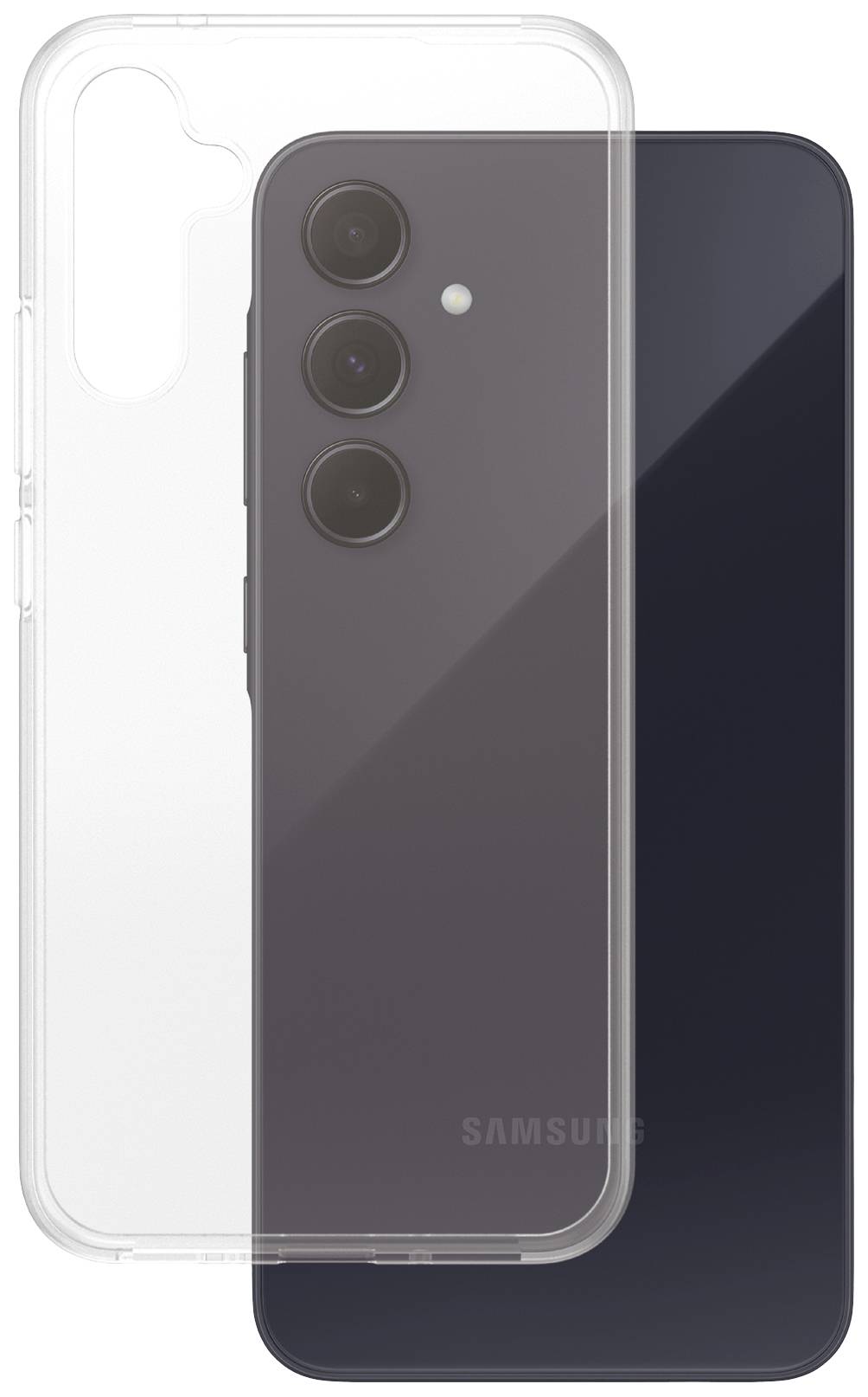 Ein Smartphone mit drei Kameralinsen auf der Rückseite wird von einer durchsichtigen Schutzhülle umgeben.