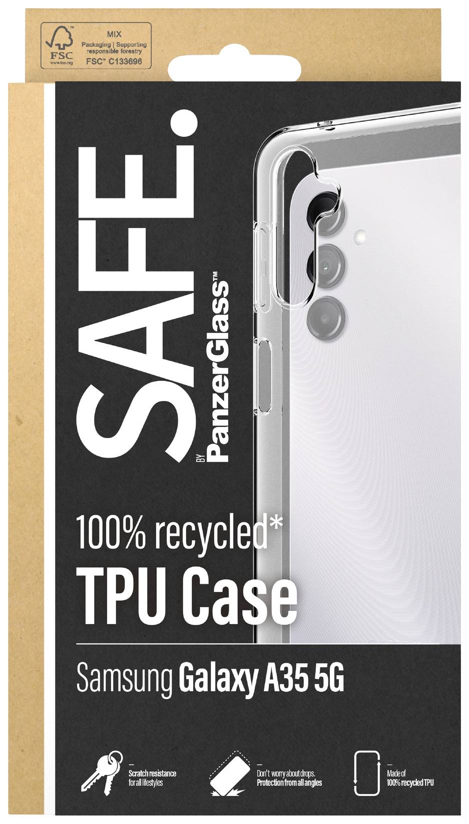 Verpackung einer transparenten TPU-Handyhülle von PanzerGlass für das Samsung Galaxy A35 5G. Hülle aus 100% recyceltem Material.
