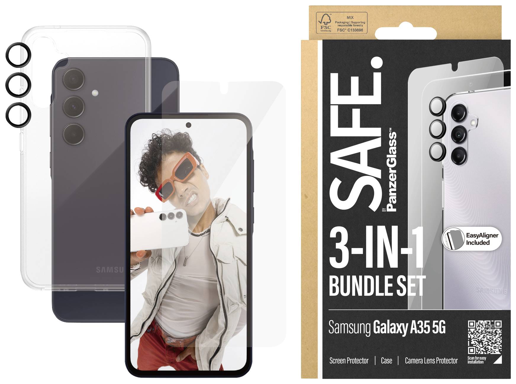 3-in-1 Bundle-Set von PanzerGlass für Samsung Galaxy A35 5G. Enthält Displayschutz, Kameralinsenschutz und Hülle. Verpackung zeigt Produkte.
