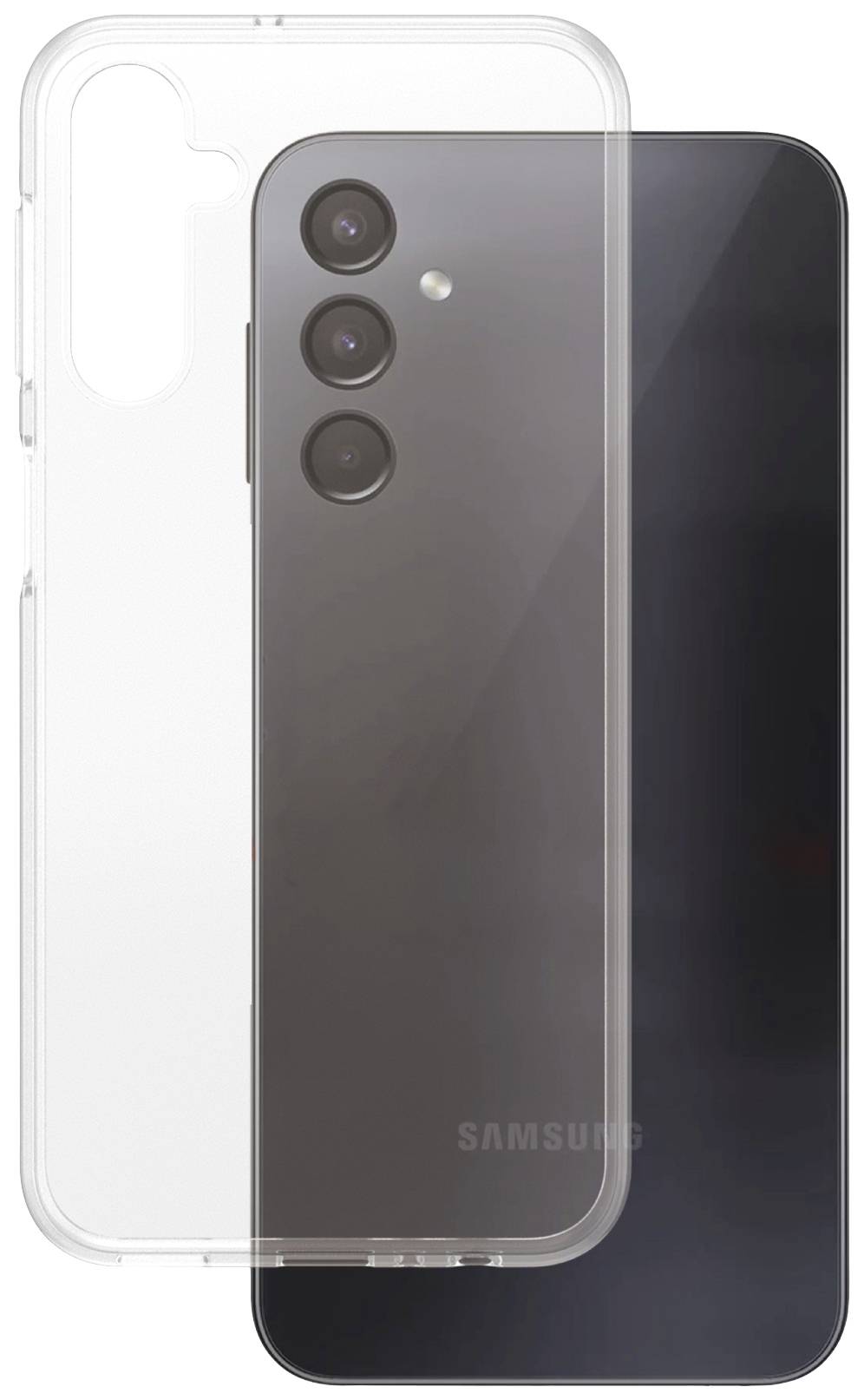Ein schwarzes Smartphone mit drei Kameralinsen auf der Rückseite, daneben eine durchsichtige Schutzhülle.