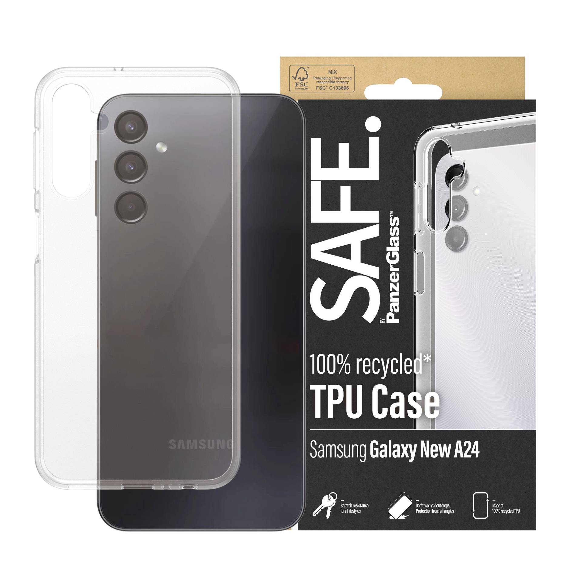 Transparente Handyhülle aus 100 % recyceltem TPU für Samsung Galaxy New A24. Verpackung mit Markennamen 'PanzerGlass Safe'.