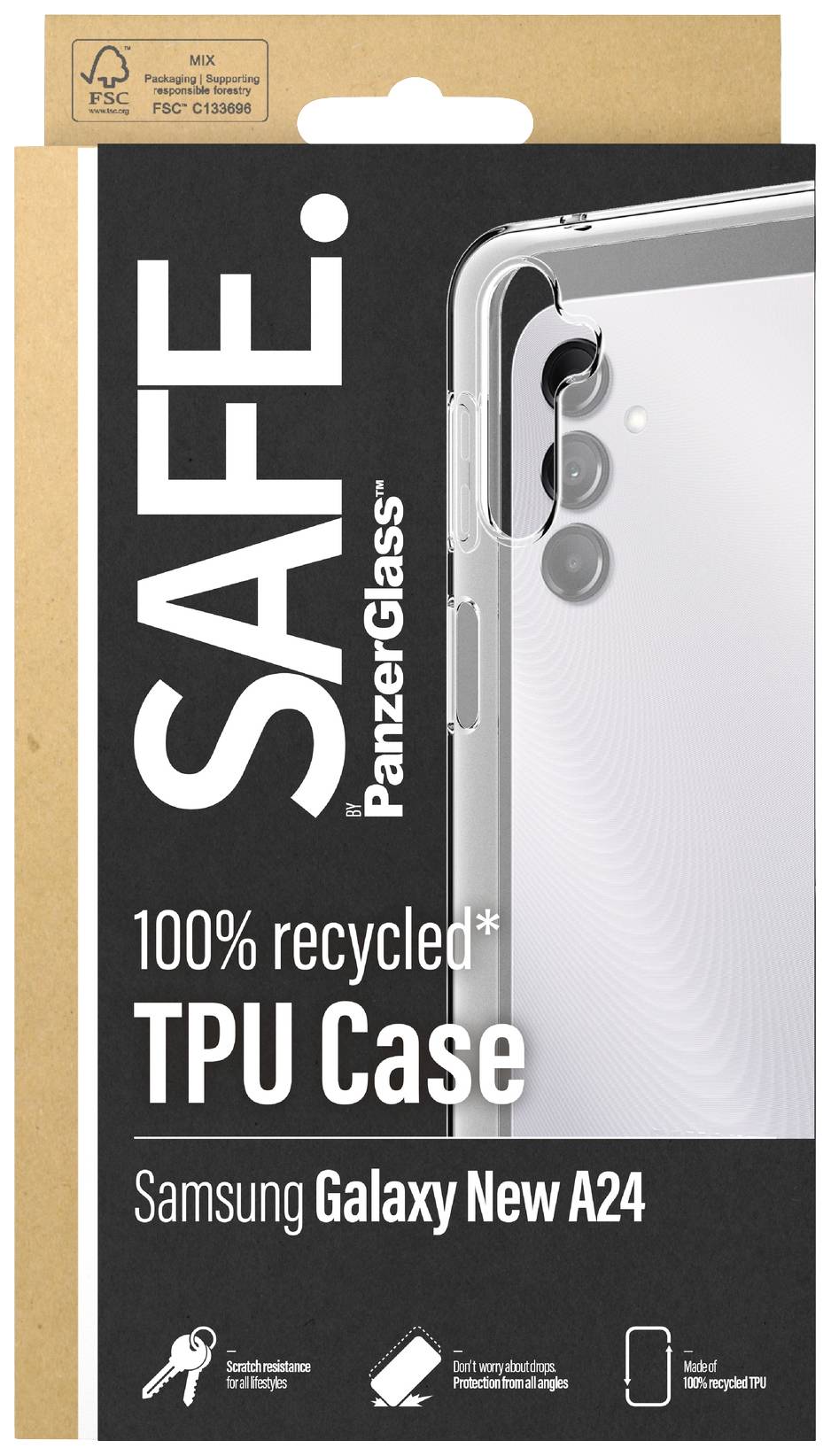 Handyhülle für Samsung Galaxy New A24, hergestellt aus 100% recyceltem Material. Zeigt transparentes Design und Schutzdetails.