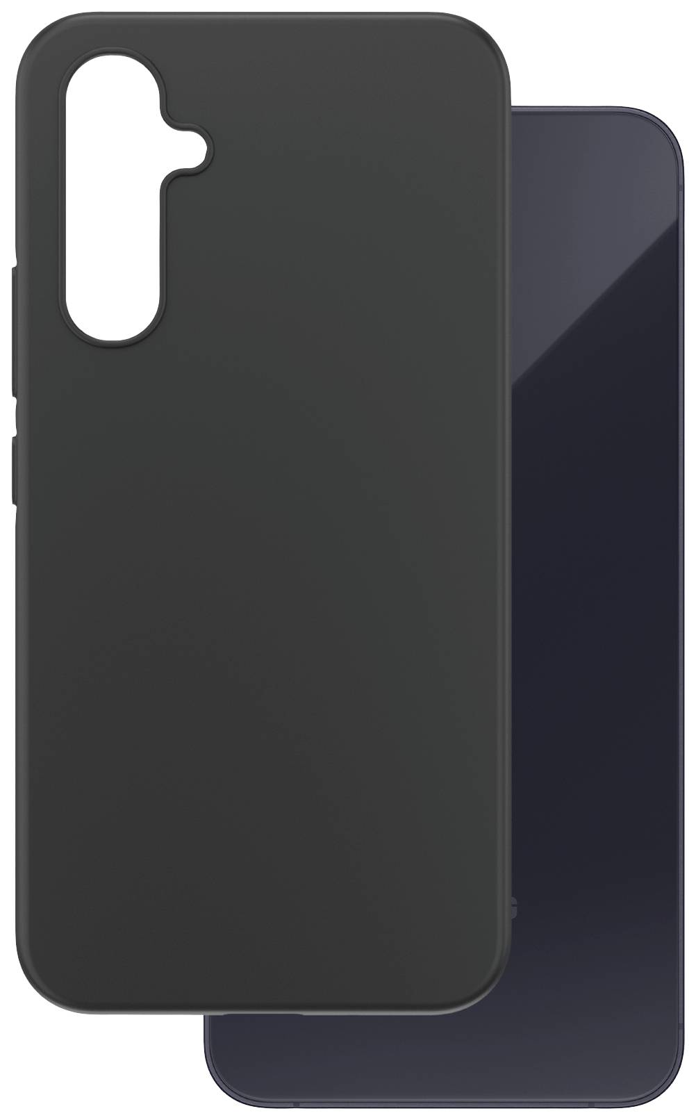 Schwarze Handyhülle und Smartphone. Handyhülle liegt schräg und verdeckt teilweise das Smartphone.