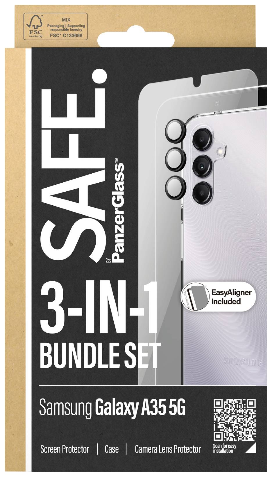 'SAFE. 3-IN-1 BUNDLE SET für Samsung Galaxy A35 5G' enthält Displayschutz, Hülle und Kameraobjektivschutz. 'EasyAligner inbegriffen'.