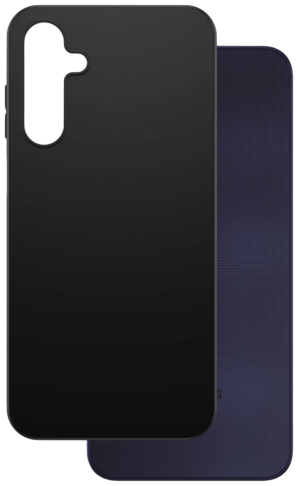 Eine schwarze Handyhülle liegt auf einem blauen Handy mit Punktmuster. Die Hülle zeigt Aussparungen für Kamera und Tasten.