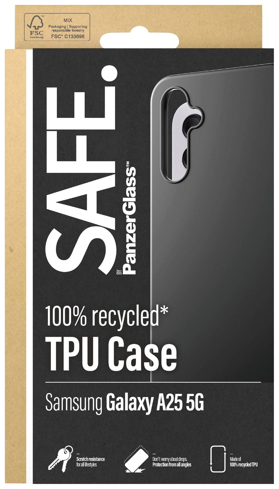 Schwarze Schutzhülle für Samsung Galaxy A25 5G auf recyceltem Pappkarton. Text: '100% recyceltes TPU Case'.
