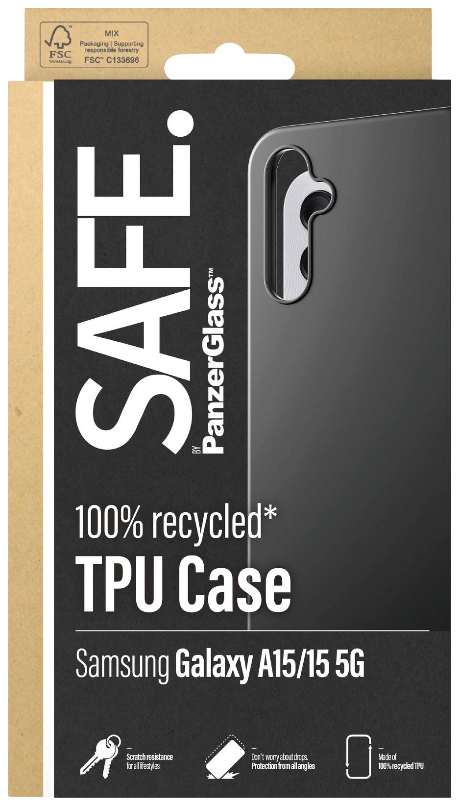 Hülle aus 100 % recyceltem TPU für Samsung Galaxy A15/15 5G von PanzerGlass, schwarze Farbe. Verpackung zeigt umweltfreundliches Material.