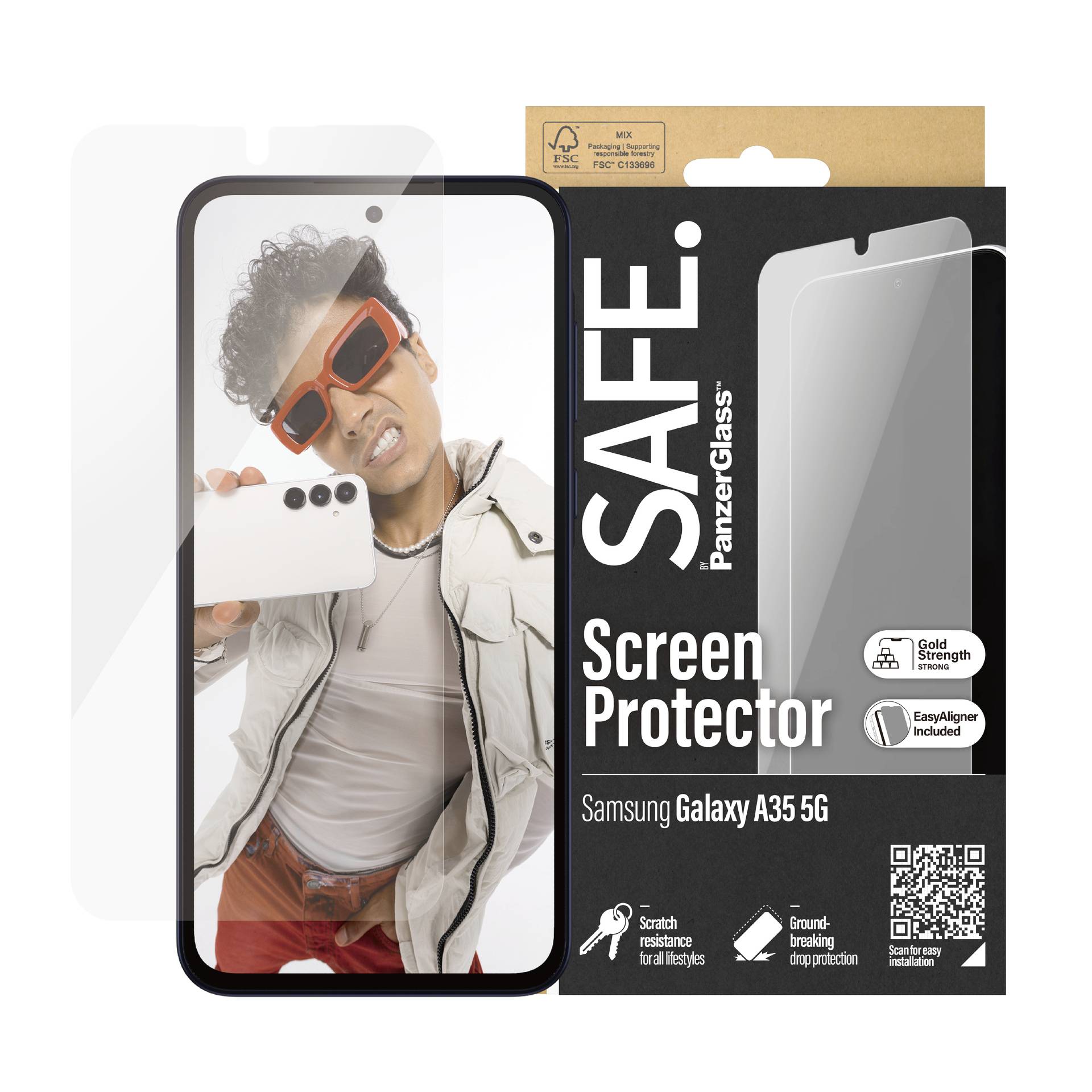 Ein Foto eines Smartphones mit einem Mann, der Selfies macht, neben einer Verpackung für einen Panzerglas-Schutzfolie für das Samsung Galaxy A35 5G.