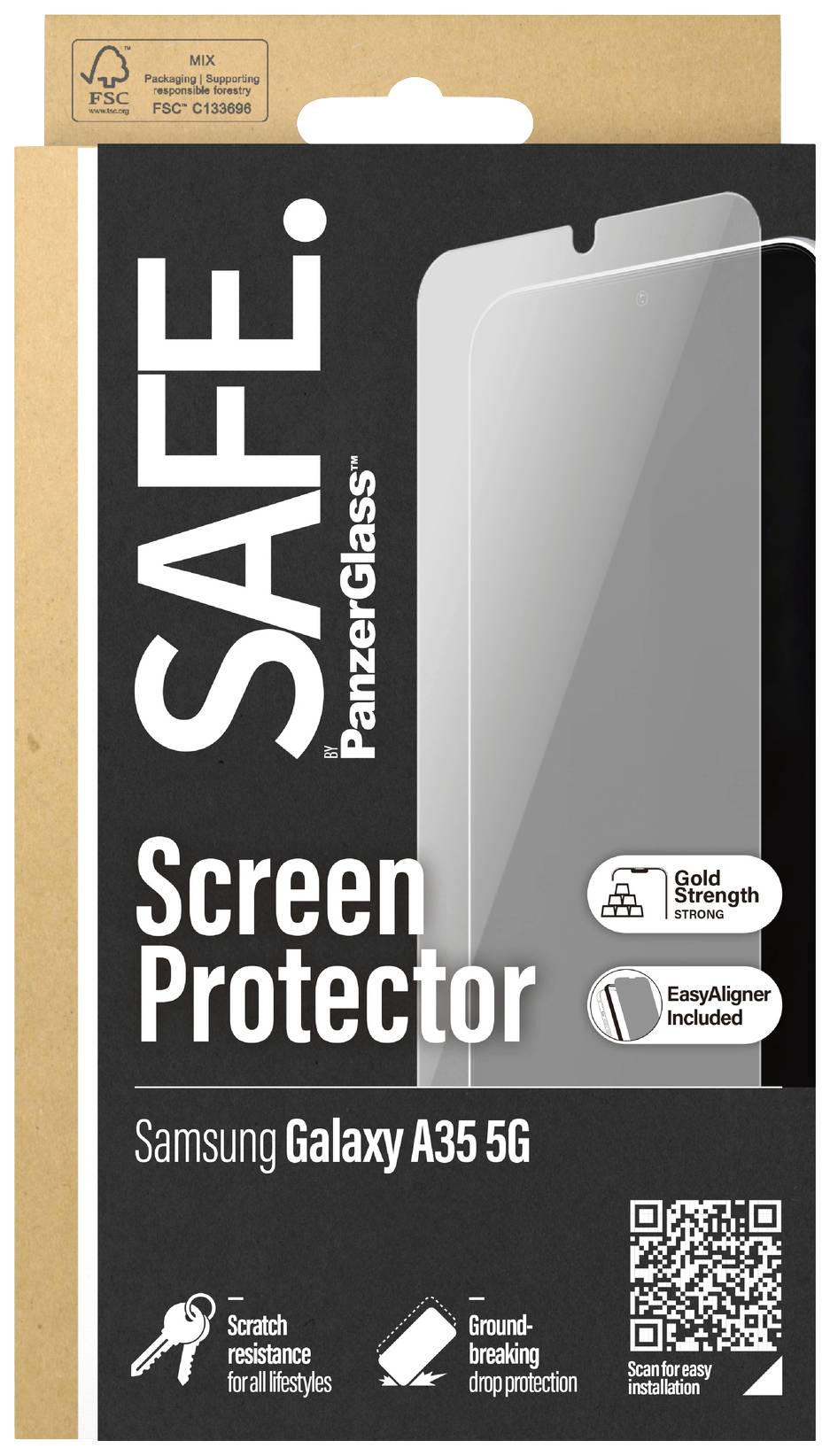'SAFE. PanzerGlass Screen Protector für Samsung Galaxy A35 5G.' Verpackung mit Symbolen für Kratzfestigkeit und einfache Ausrichtung.