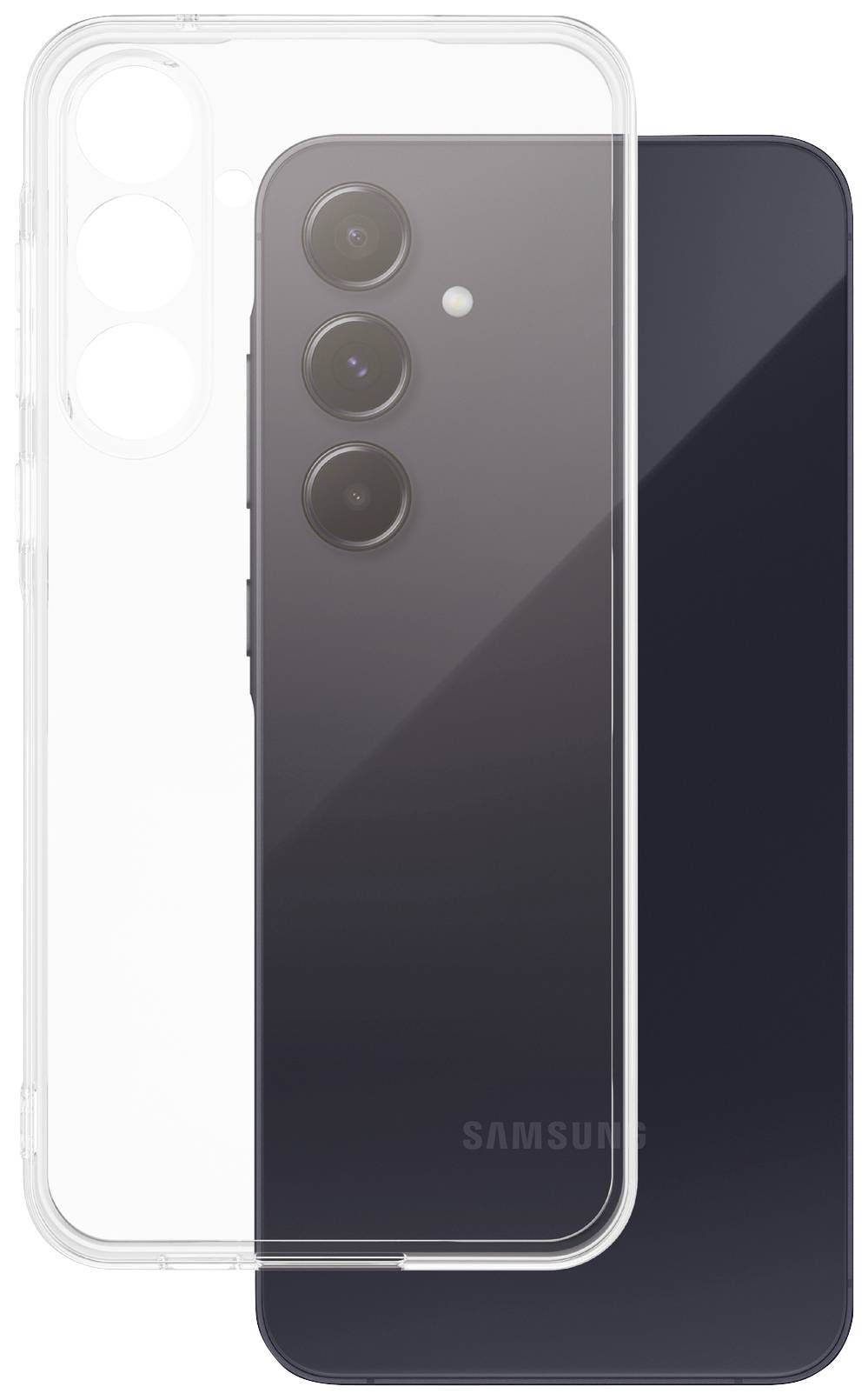 Ein schwarzes Smartphone mit drei Kameras auf der Rückseite und einer transparenten Schutzhülle.