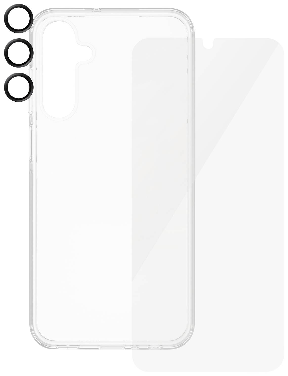 Transparente Handyhülle und Displayschutzfolie, ausgelegt für ein Smartphone mit drei rückseitigen Kameralinsen.
