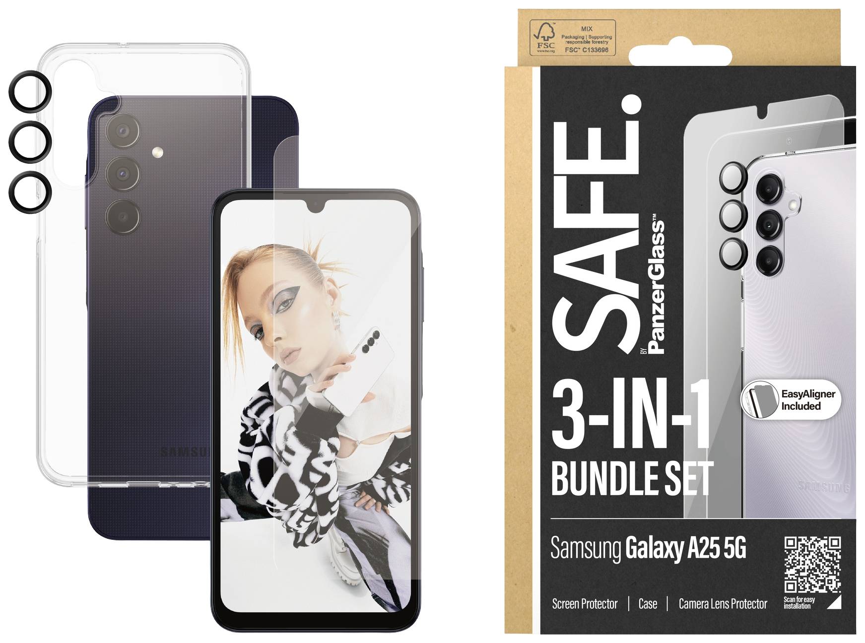 Smartphone mit transparentem Gehäuse und Linsenschutz; Verpackung zeigt 'SAFE PanzerGlass 3-IN-1 BUNDLE SET' für Samsung Galaxy A25 5G.