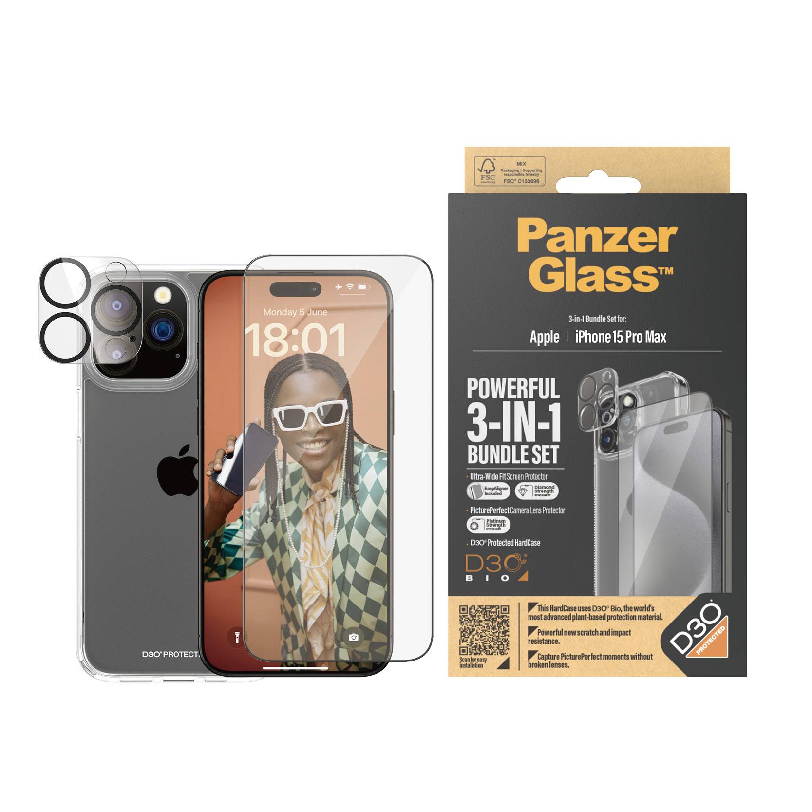 Packung eines Handy-Zubehör-Sets für iPhone 15 Pro Max. Enthält Panzerglas, Kameraabdeckung und Schutzhülle. Aufdruck: 'Powerful 3-in-1 Bundle Set'.