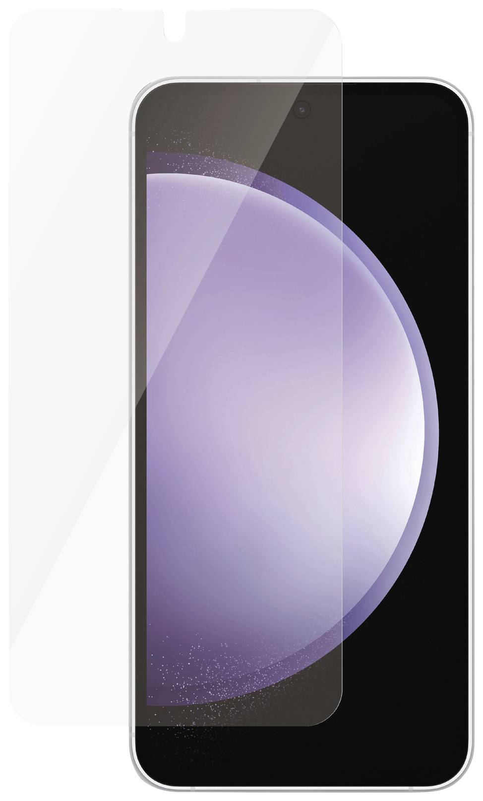 Smartphone mit Display-Schutzfolie, das einen dunklen Bildschirm mit einem hellen, kreisförmigen Lichtschein zeigt.