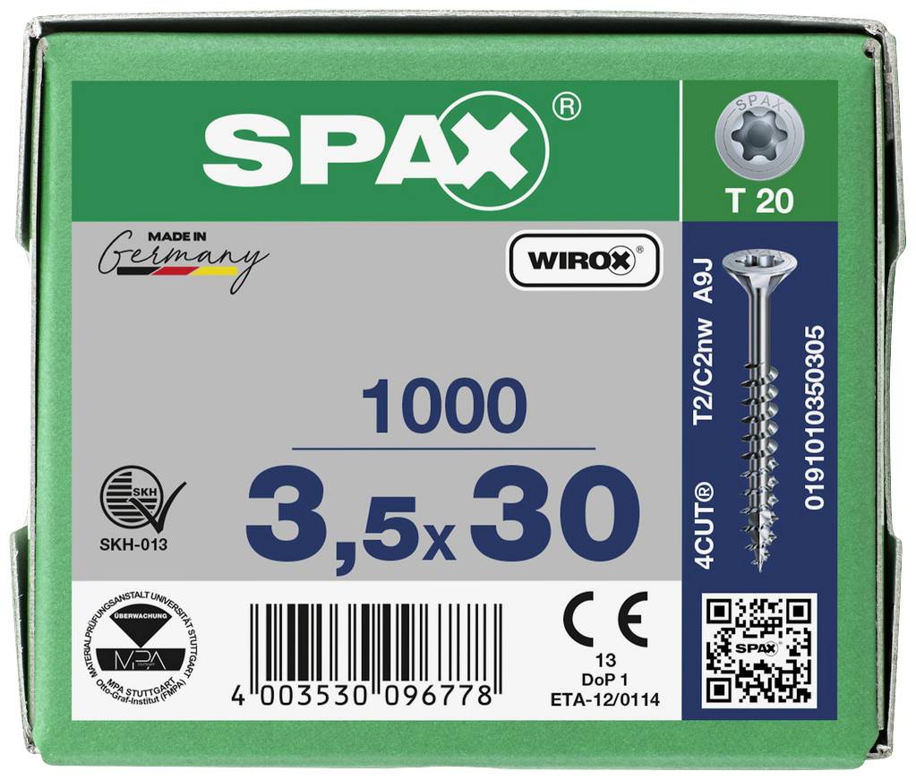 SPAX 0191010350305 Holzschraube 3.5mm 30mm T-STAR plus Stahl WIROX 1000St.